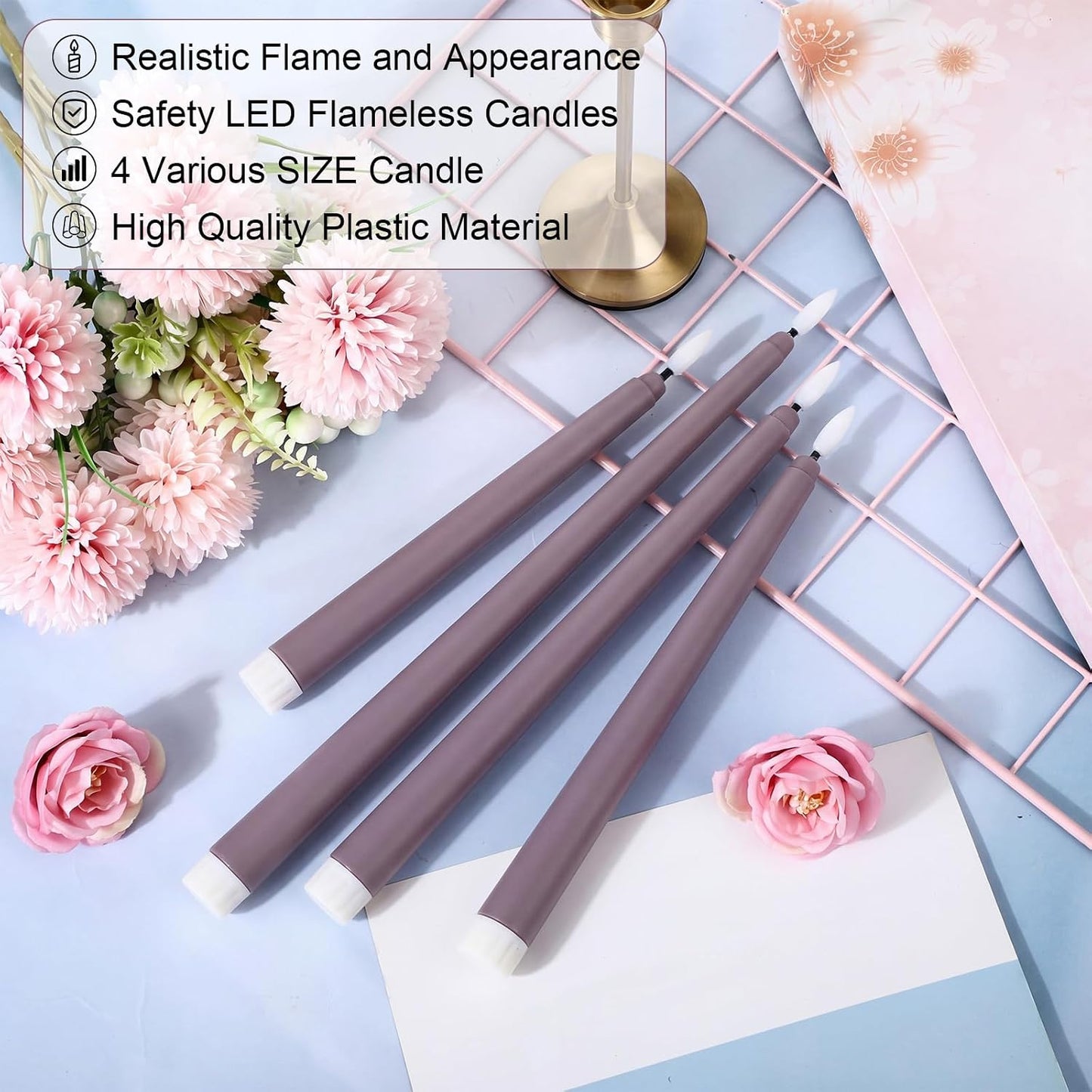 Rossesay 24 Pcs Flameless LED Taper Candles Battery Operated Candle 8.5", 9.65", 10.8", 12.8" Flameless Candlesticks Flickering for Christmas Church Wedding Indoor Decoration(Classic, Purple)