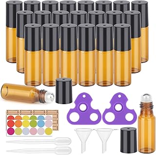 Easytle Essential Oil Roller Bottles, 24 Pack Amber Glass Balls Roller Bottles 5ml for Essential Oils, Roll on Bottle (96 Pieces Labels, 4 Funnels, 4 Dropper, 2 Opener)