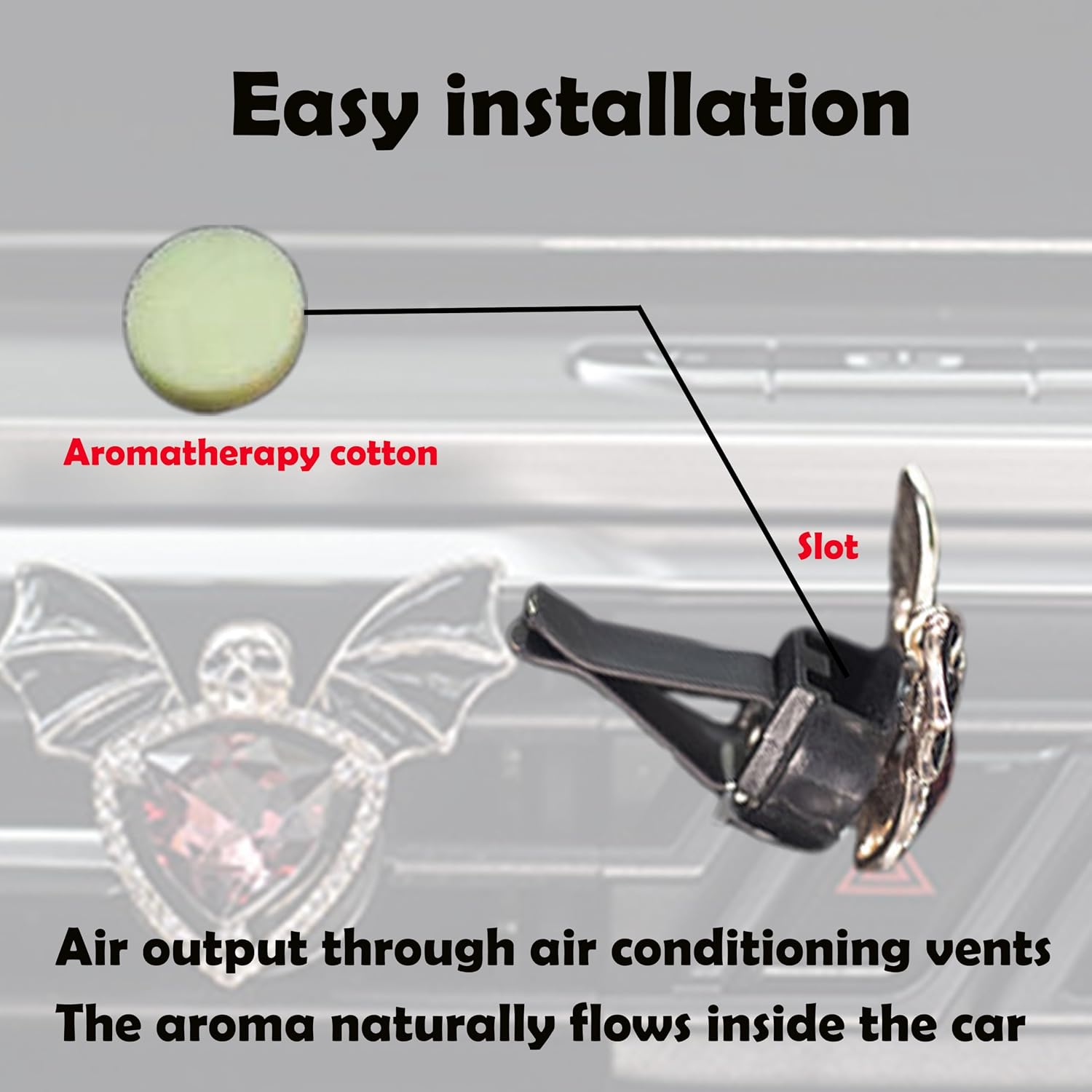 Aromatherapy Essential Oil Car Diffuser Vent Clip, Car Air Fresheners with Alloy Rhinestone Gem Bat Skull Head Decoration (3 Silver Gray Gemstone)