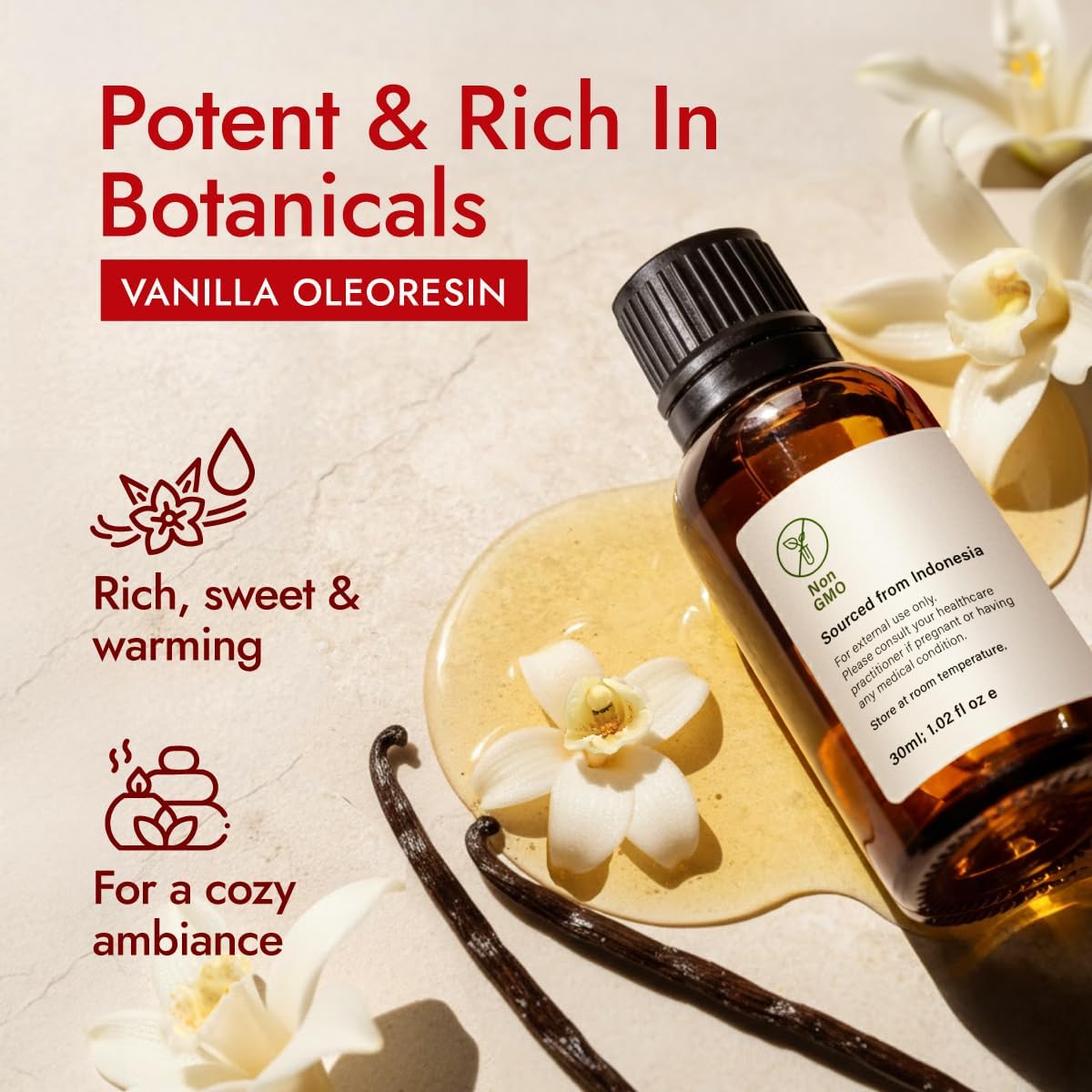 H'ana Vanilla Oil - 1.02 Fl Oz Vanilla Essential Oil for Hair, Skin, Diffuser, Aromatherapy & DIY