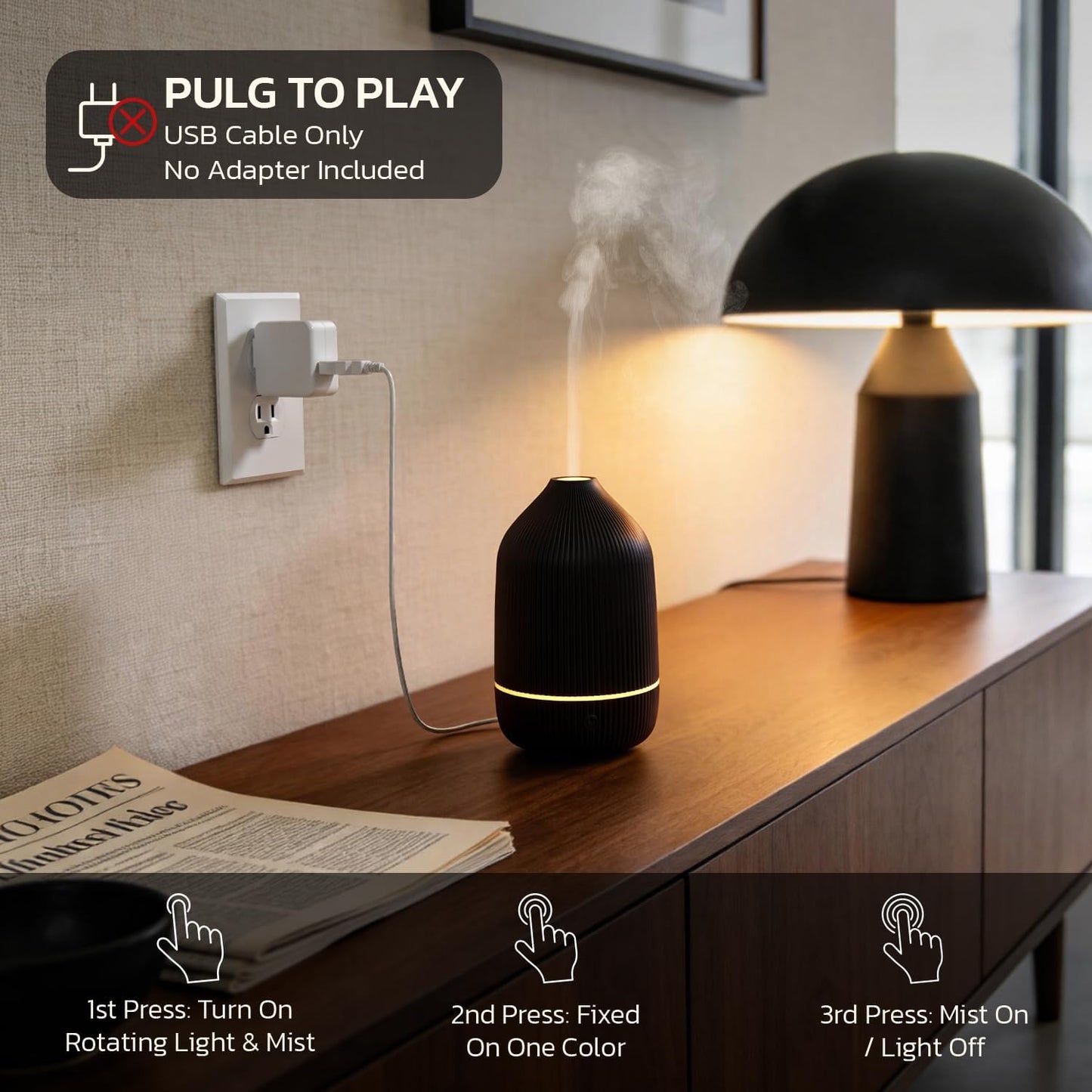 Essential Oil Diffuser, 100ml Aromatherapy Diffuser, Mini Ultrasonic Diffuser for Essential Oil, Home, Office, Cool Mist Humidifier with 7 Led Light, Auto Shut-Off, Black