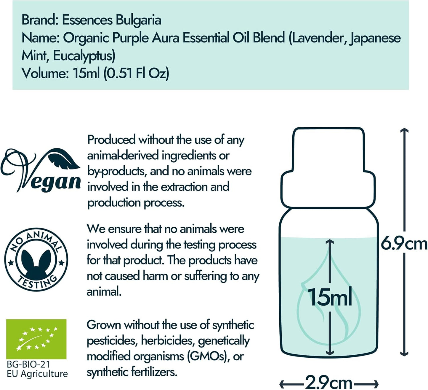 Essences Bulgaria Purple Aura Organic Essential Oil Blend 0.51 Fl Oz | 15ml | Lavender, Japanese Mint, Eucalyptus | Aromatherapy, Sauna & SPA | 100% Pure & Natural | Undiluted