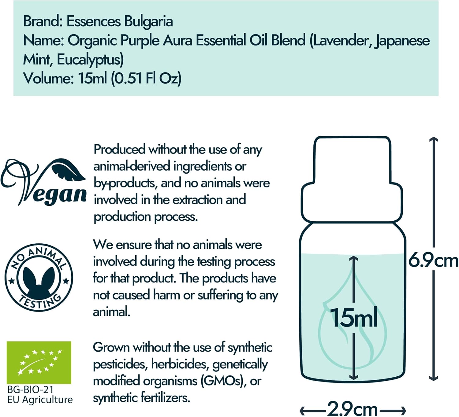 Essences Bulgaria Purple Aura Organic Essential Oil Blend 0.51 Fl Oz | 15ml | Lavender, Japanese Mint, Eucalyptus | Aromatherapy, Sauna & SPA | 100% Pure & Natural | Undiluted