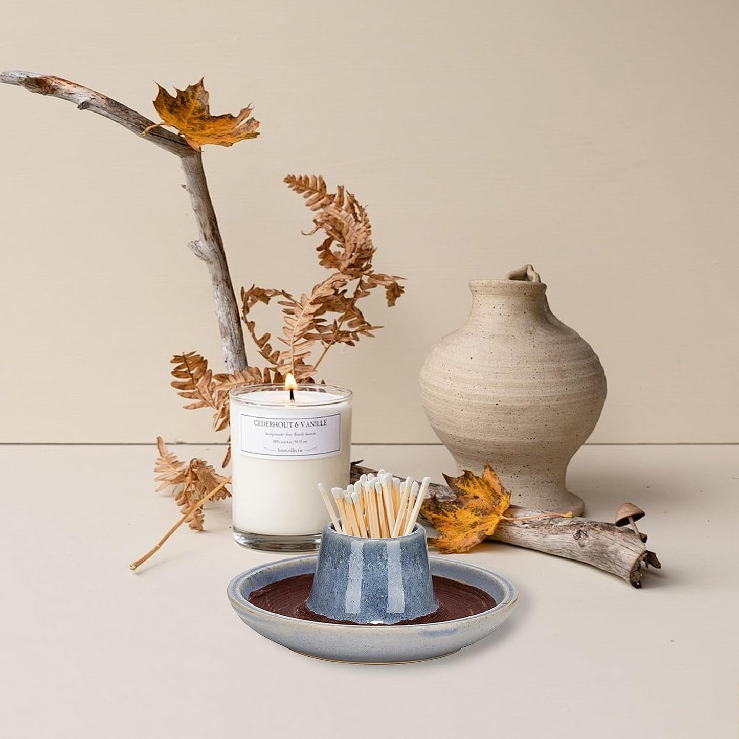 SANDOO Handmade Ceramic Match Holder with Striker - Works with All Matches,Decorative Match Holder,Match Stick Holder,Candle Accessory,Aesthetic Home Decor for Fireplace,Matches not Included,4.7"x1.8"