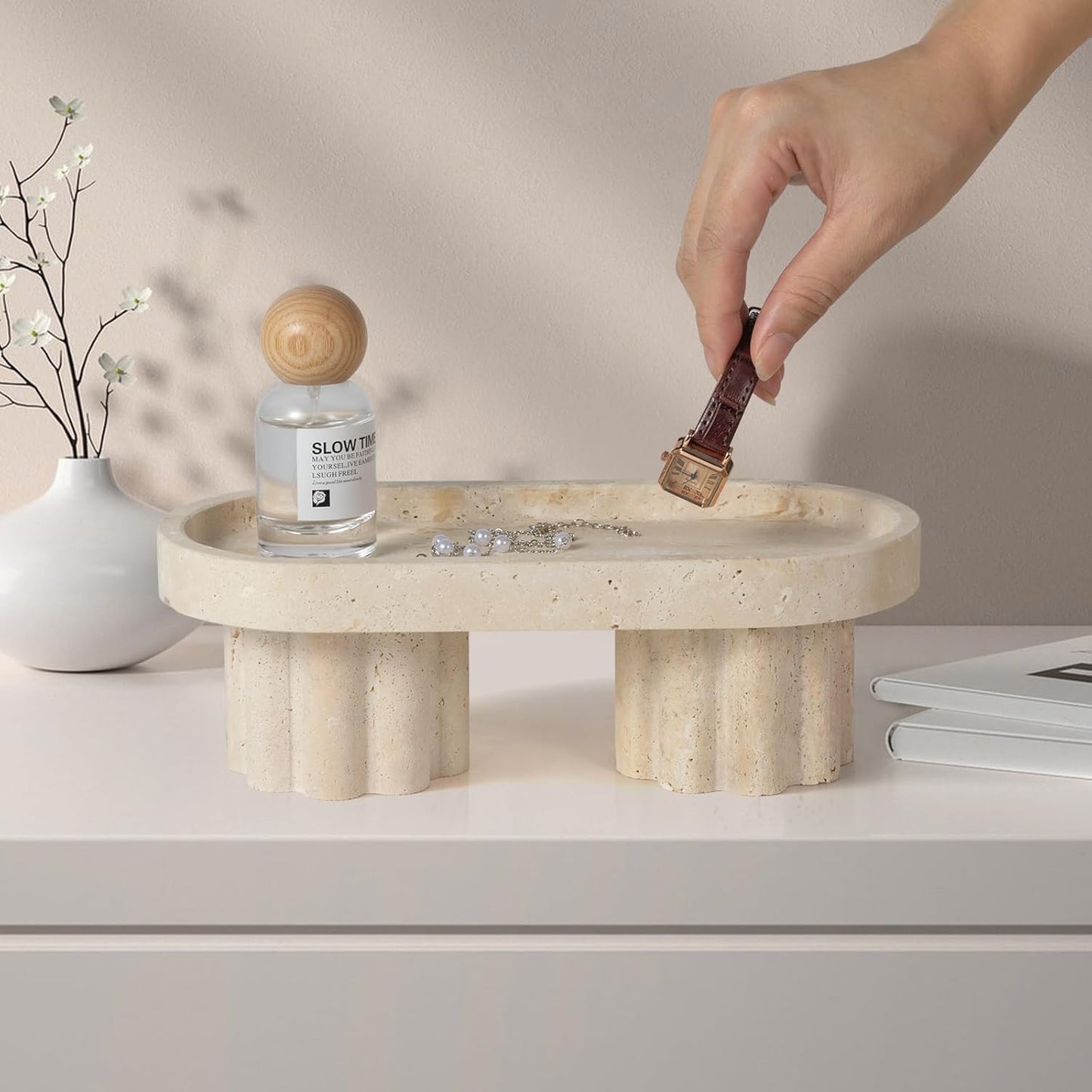 Natural Beige Travertine Oval Tray with Two Legs - 10 Inch Elegant Vanity Decor, Desk Organizer for Perfume, Jewelry & Candle Holder | Durable Stone Serving Tray