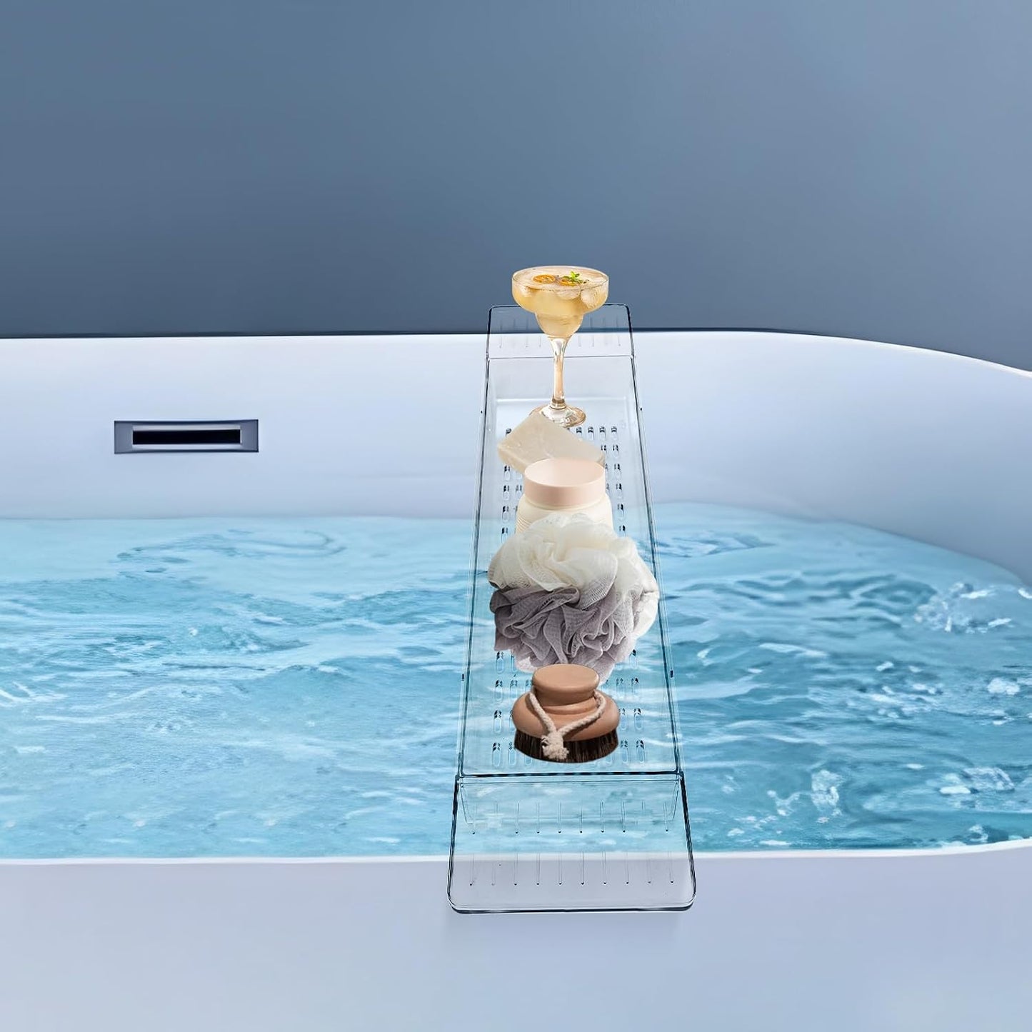 Expandable Clear Bathtub Tray, 24–32 in Slide-Out Flat Bath Shelf, Plastic Waterproof Spa Caddy for Tub & Shower, No-Slip Side Grips, Book Phone Wine Rest, Lightweight Easy-Wipe Storage Board