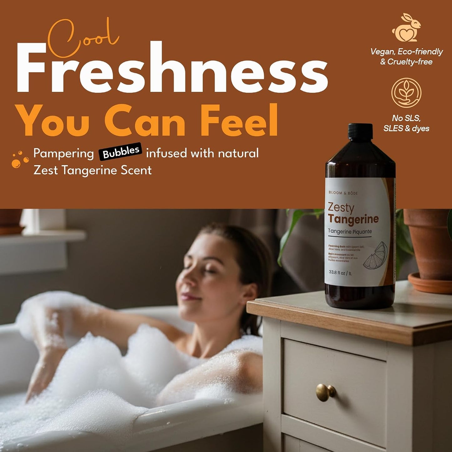 Luxury Foaming Bath - Natural Scented Bubble Bath with Essential Oils and Epsom Salt - Zesty Tangerine Scent, 33.8 fl oz / 1L