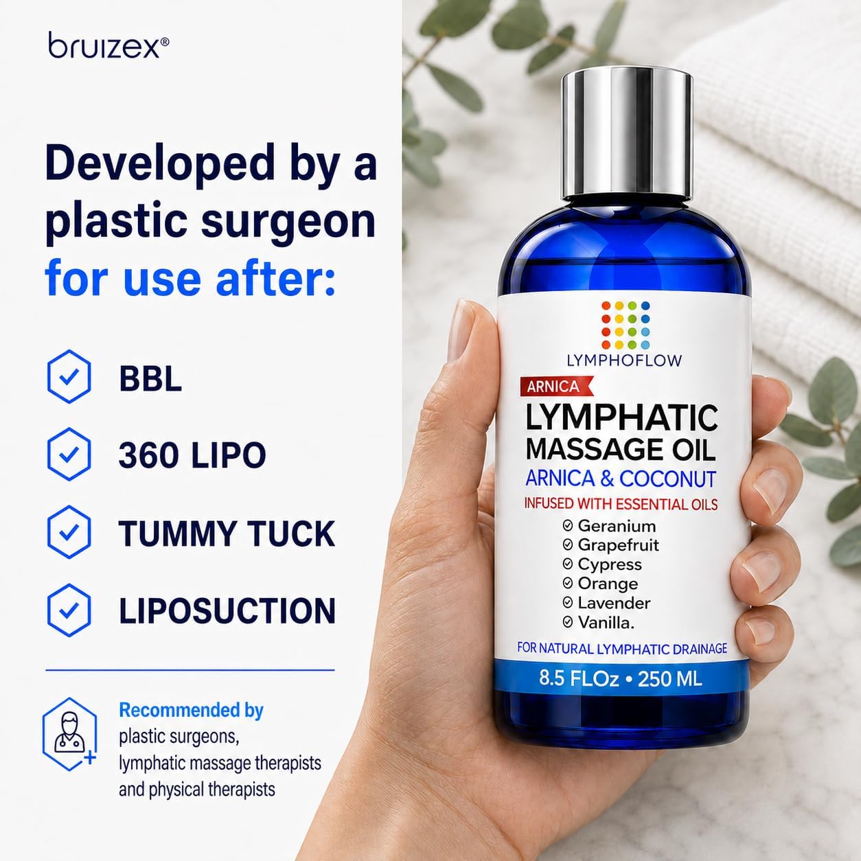 Lymphatic Drainage Massage Oil for Massage Therapy - Arnica Oil & Coconut for Post Surgery Recovery & Lymphatic Drainage Massager, Liposuction, 360 Lipo, BBL, Tummy Tuck Procedure,Moisturizing -8.5 Oz