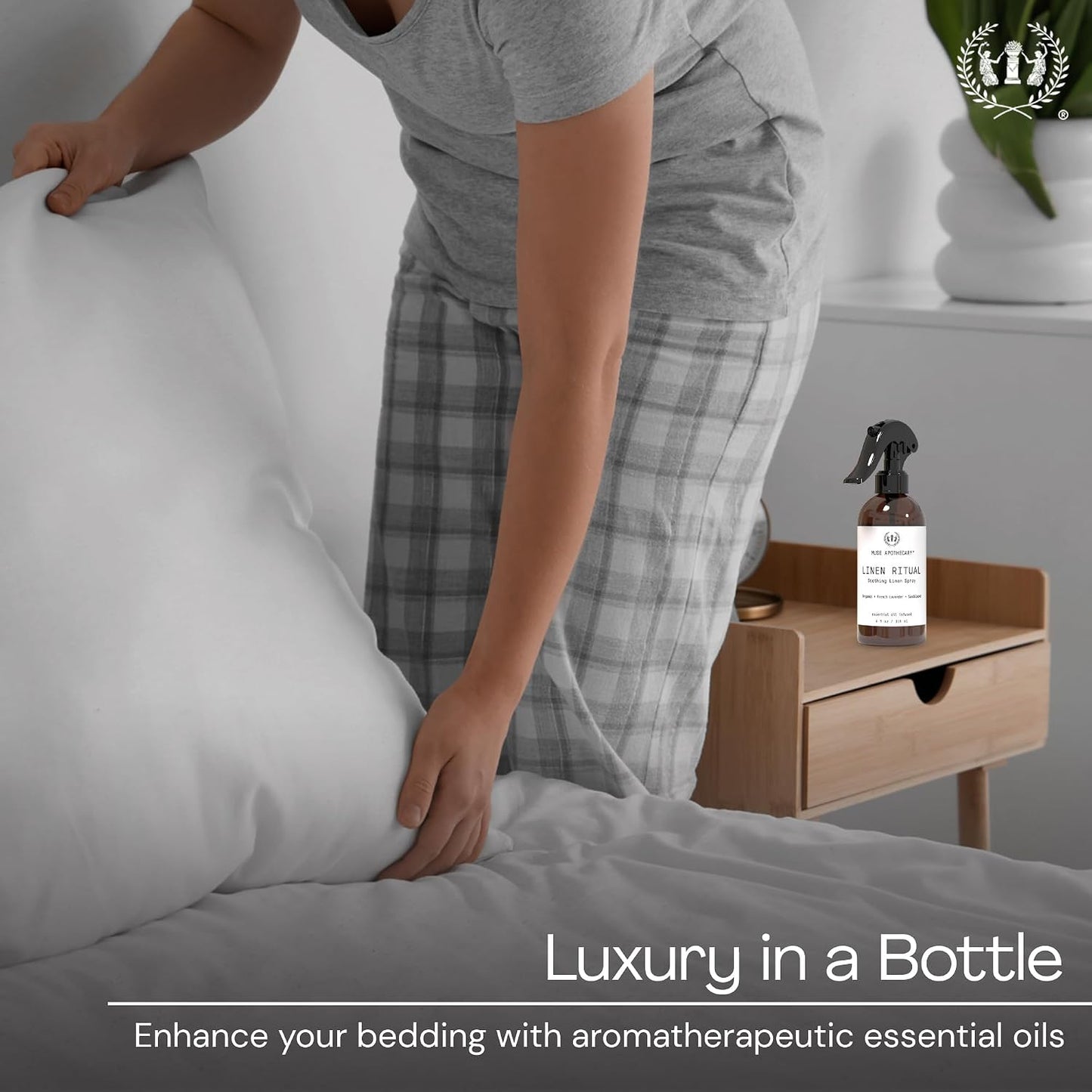 Muse Apothecary Linen Ritual - Aromatic, Soothing, and Relaxing Linen Mist, Laundry and Fabric Spray - Infused with Aromatherapy Essential Oils - 4 oz, Bergamot + French Lavender + Sandalwood