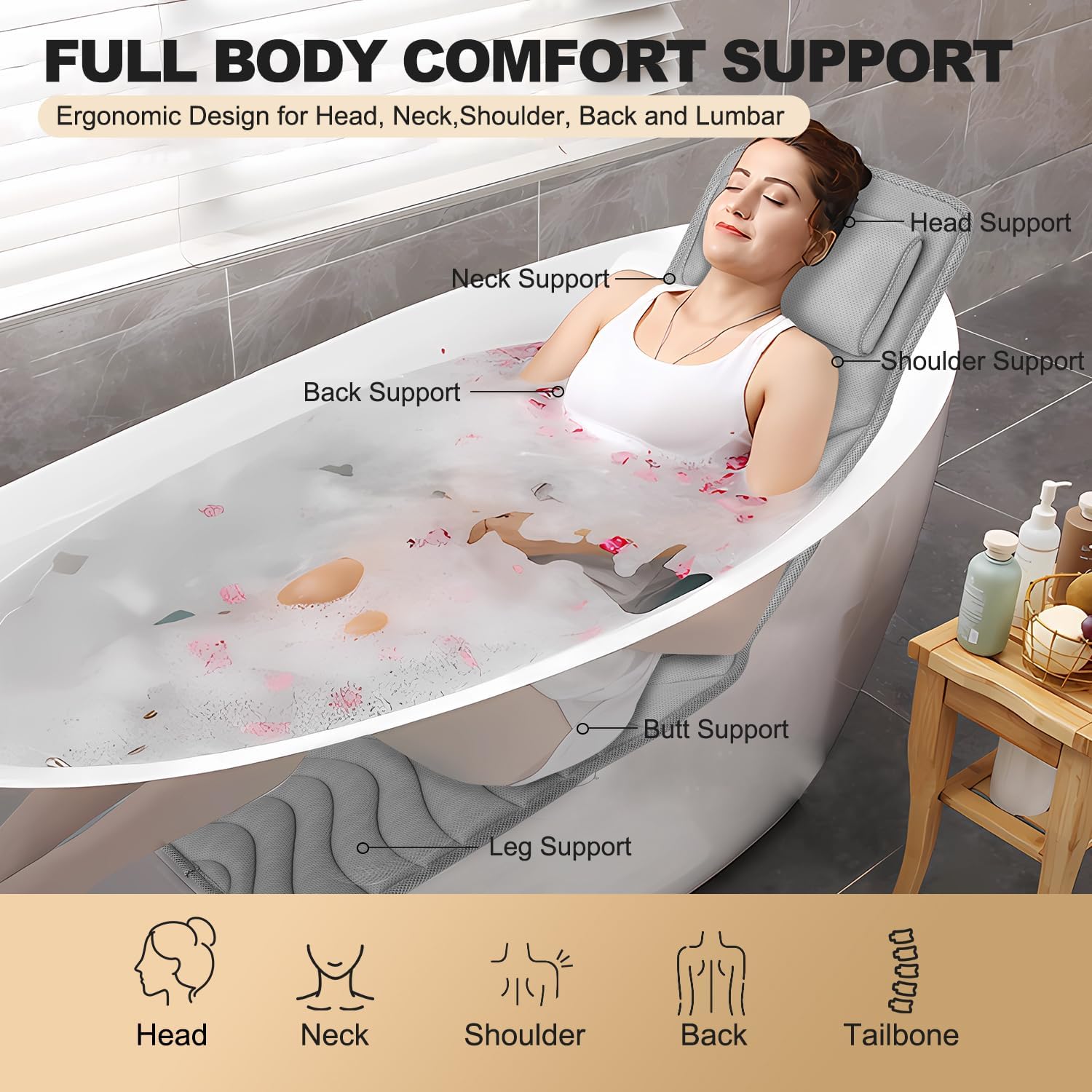 Full Body Bath Pillow for Bathtub, Non-Slip Bath Pillows for Tub, Spa Bathtub Pillow Cushion for Headrest Neck Shoulder and Back Rest Support，Relaxation Spa Accessories-50 x 15" (Grey)