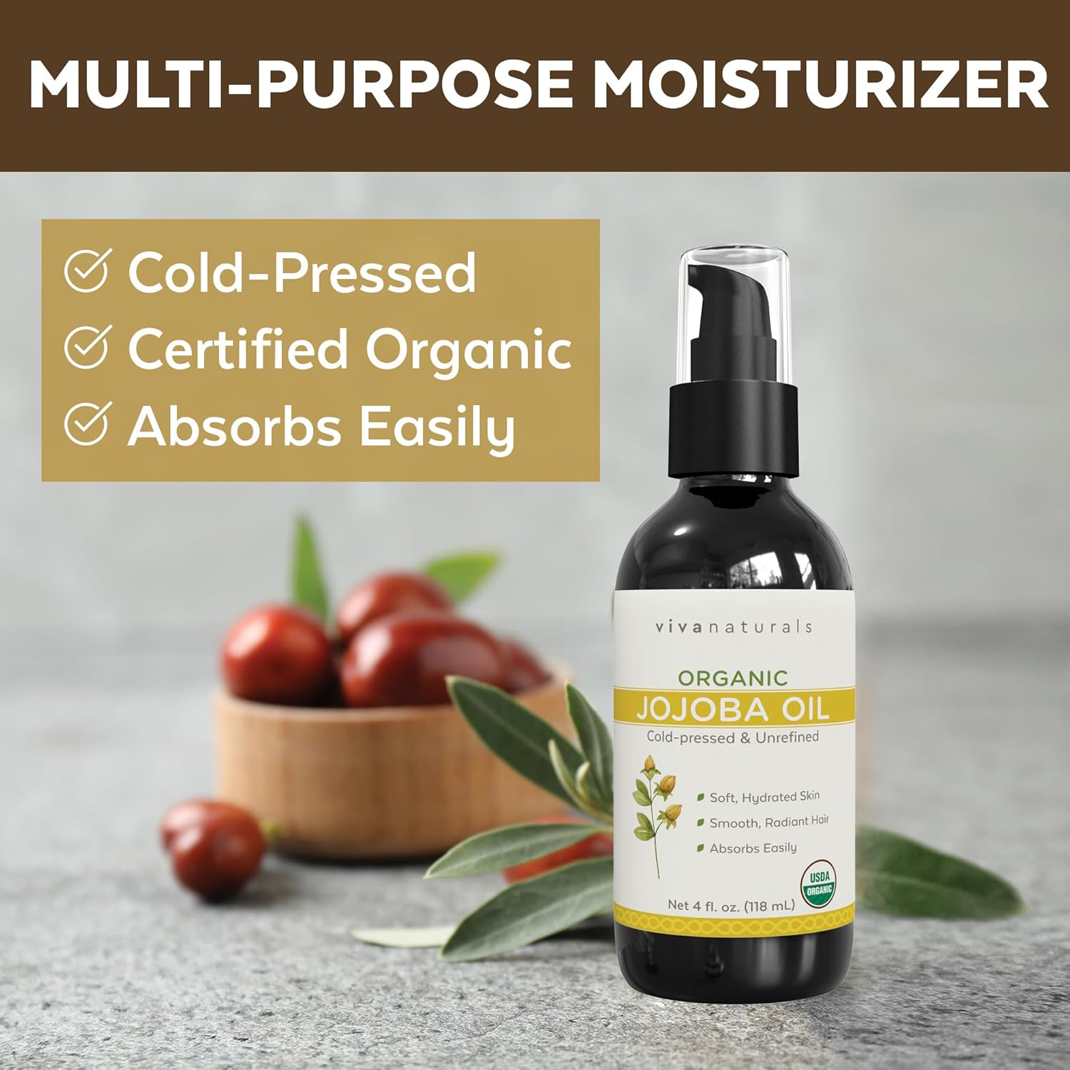 Viva Naturals Organic Jojoba Oil - Pure Cold-Pressed for Skin and Hair, USDA Certified Face Moisturizer, 4 fl. oz