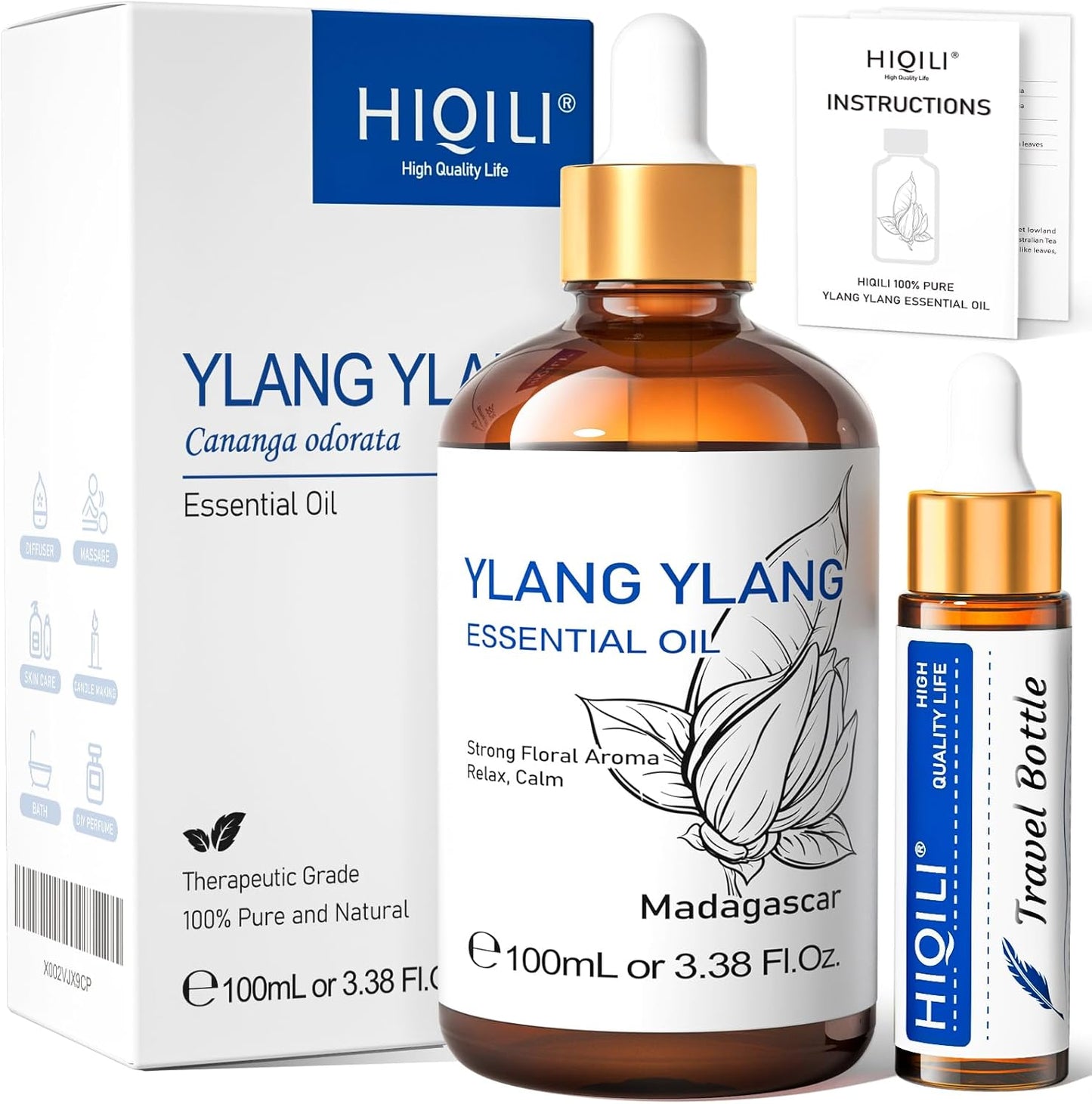 HIQILI Ylang-Ylang Essential Oil, Long-Lasting Scent for Diffuser, Perfumes, Aromatherapy, DIY - 3.38 Fl Oz