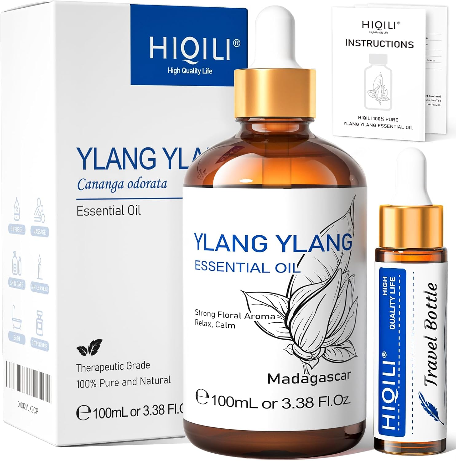 HIQILI Ylang-Ylang Essential Oil, Long-Lasting Scent for Diffuser, Perfumes, Aromatherapy, DIY - 3.38 Fl Oz