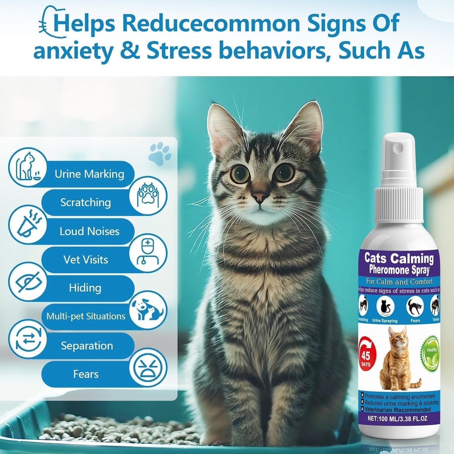 Cat Calming Pheromone Spray for Stress & Anxiety Relief – Reduces Scratching, Urine Spraying, Hiding – Drug-Free & Vet Recommended – Feline Calm Spray with F3 Facial Pheromone 2 * 100mL 8.9oz
