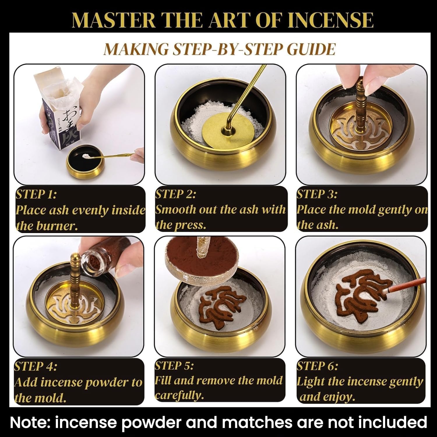 Noamus 12 Pcs Incense Burner Kit, Brass Powder Ash Making Set with Censer, Chinese Incense Art Mold Press Tool, Home Fragrance Holder in Gift Box for Relaxation, Meditation, Yoga, Aromatherapy