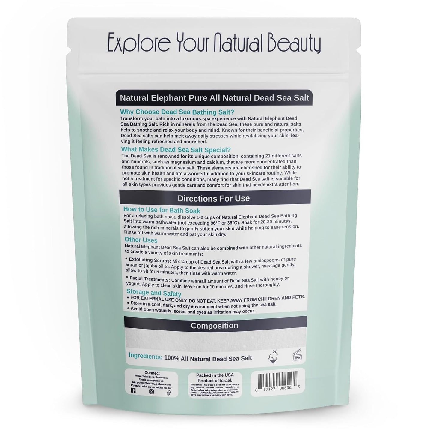 Natural Elephant Dead Sea Salt for Soaking & Bathing | 5 Pound Bag (80oz) | Fine Grain | 100% Natural and Pure