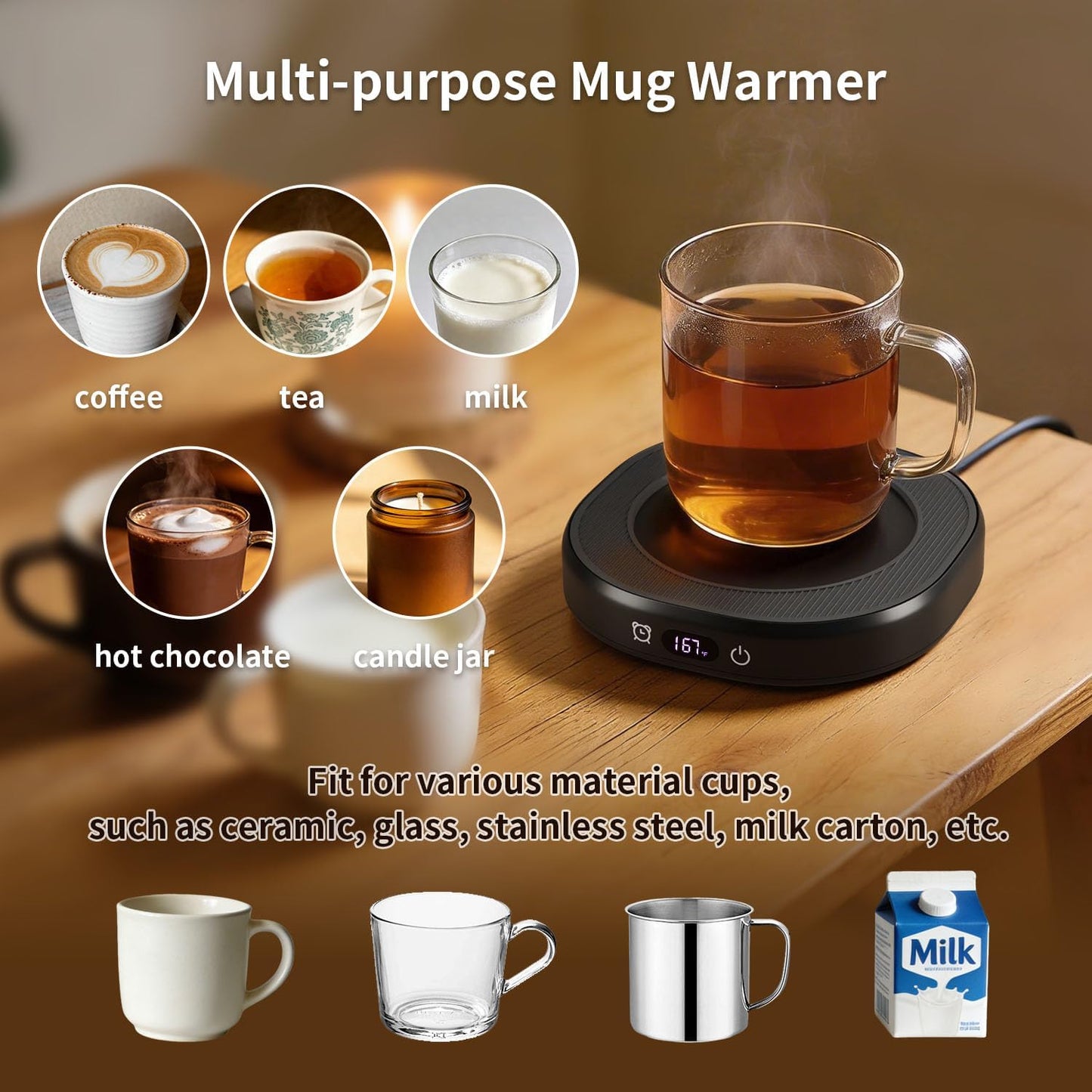 Coffee Mug Warmer & Mug Set, Electric Beverage Milk Tea Water Cup Warmer for Desk, Candle Warmer Plate with 4 Temp. Setting, Auto Shut Off for Home Office Birthday Present