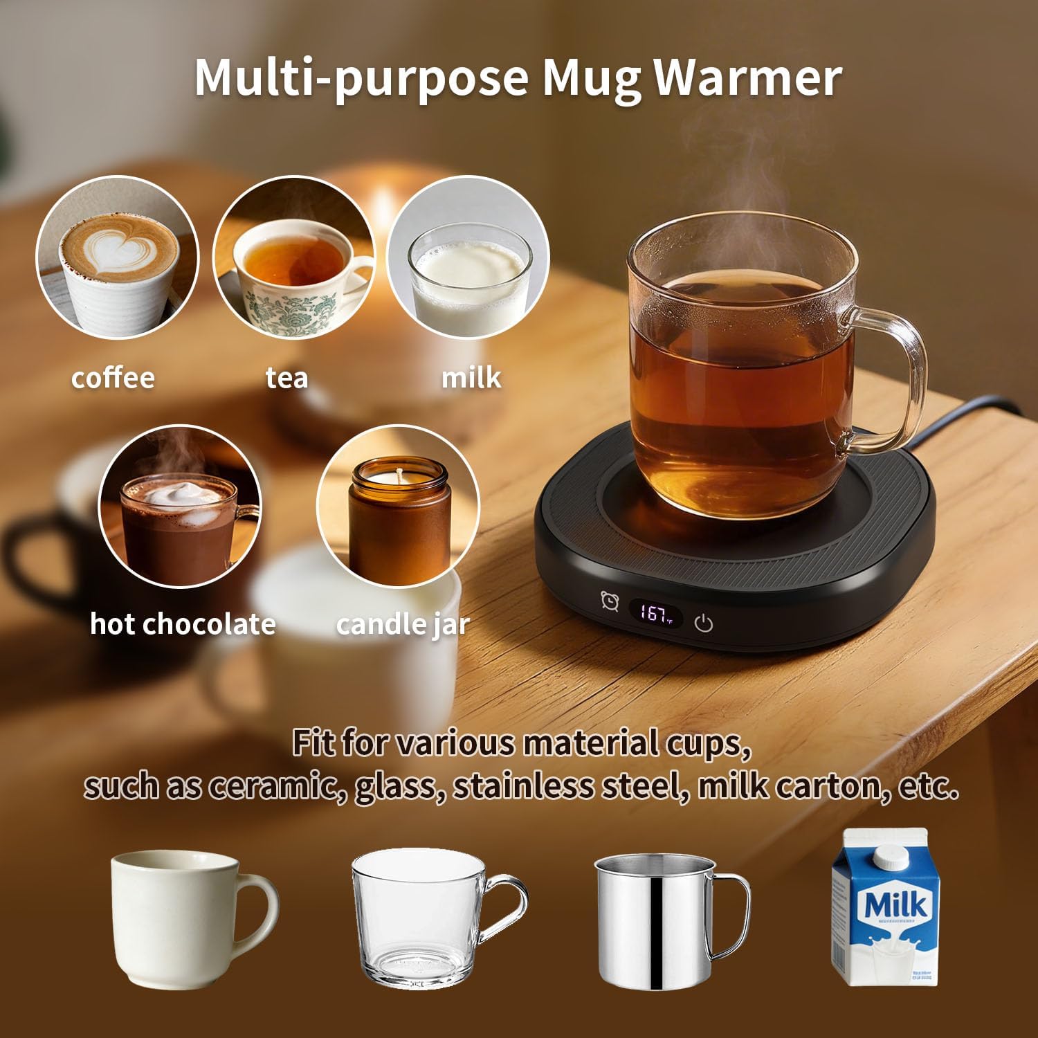 Coffee Mug Warmer & Mug Set, Electric Beverage Milk Tea Water Cup Warmer for Desk, Candle Warmer Plate with 4 Temp. Setting, Auto Shut Off for Home Office Birthday Present