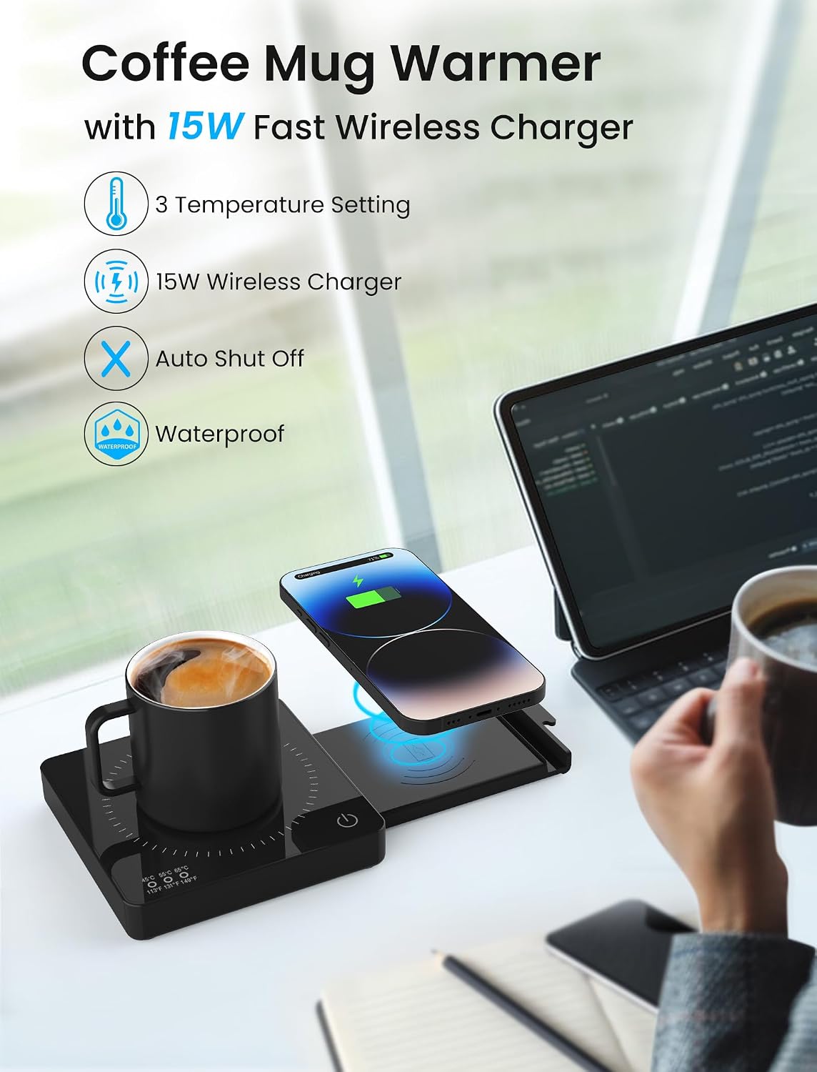 Coffee Mug Warmer with 15W Wireless Phone Charger & 3A USB Charging Port, 3 Temp Settings & 8H Auto Shut Off, Candle Warmer Plate for Heating Coffee, Milk, Tea & Candles,Valentine's Day Gift(Black)
