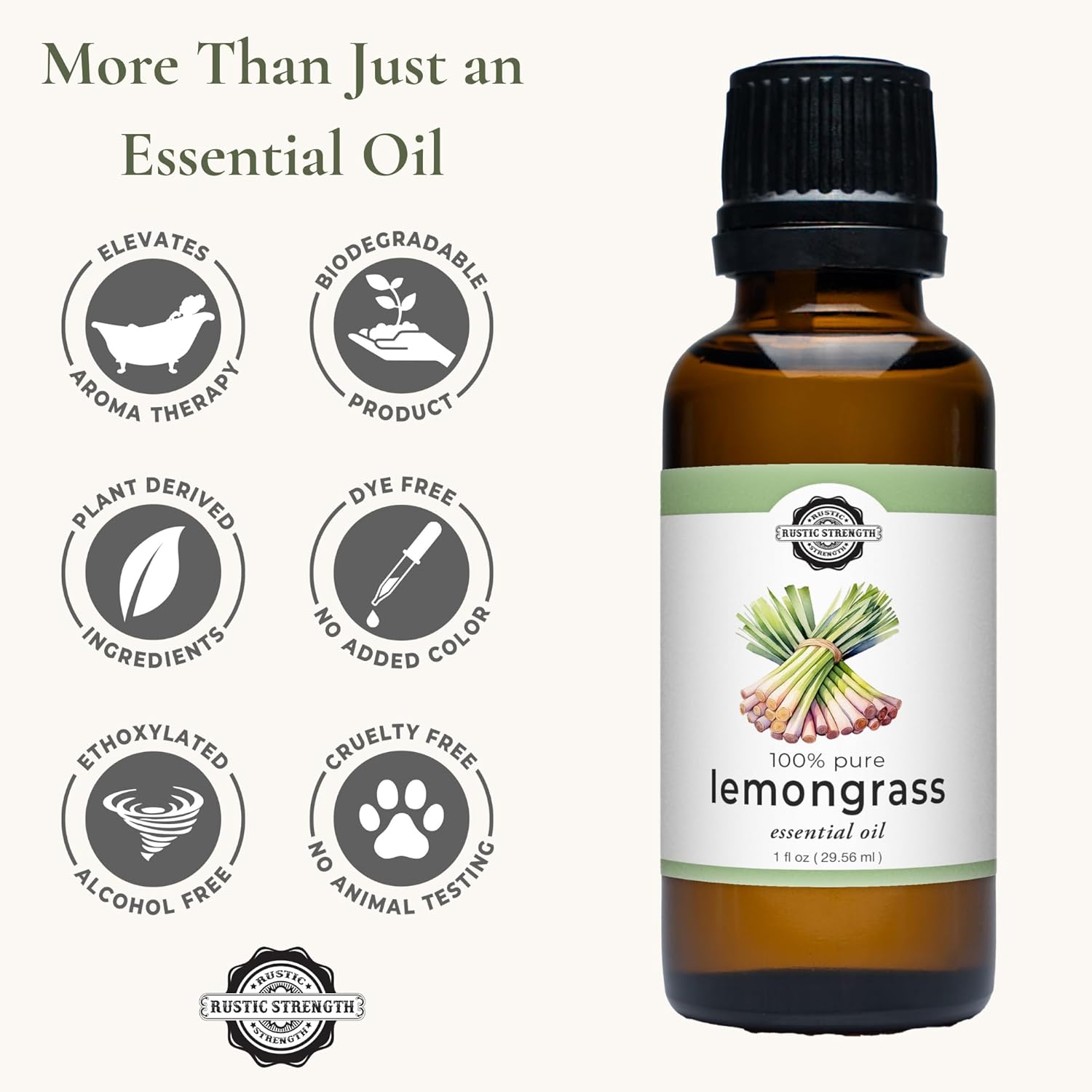 Rustic Strength 100% Pure Essential Oil, Lemongrass, Therapeutic Grade, Non-Toxic, Aromatherapy & Home Use, 1 oz
