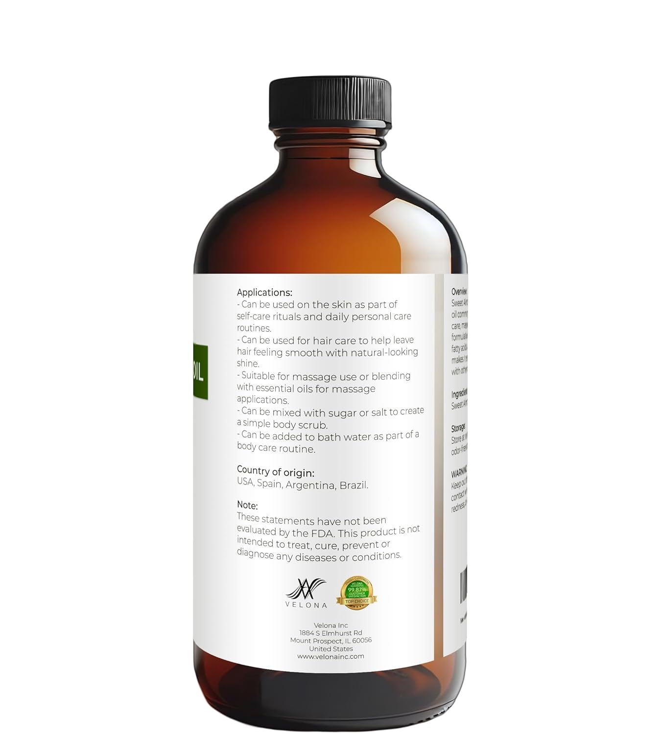velona Sweet Almond Oil - 16 Fl Oz in Glass Bottle | 100% Pure and Natural Carrier Oil |Cold Pressed | Skin, Hair, Body & Face Moisturizing | Use Today - Enjoy Results…