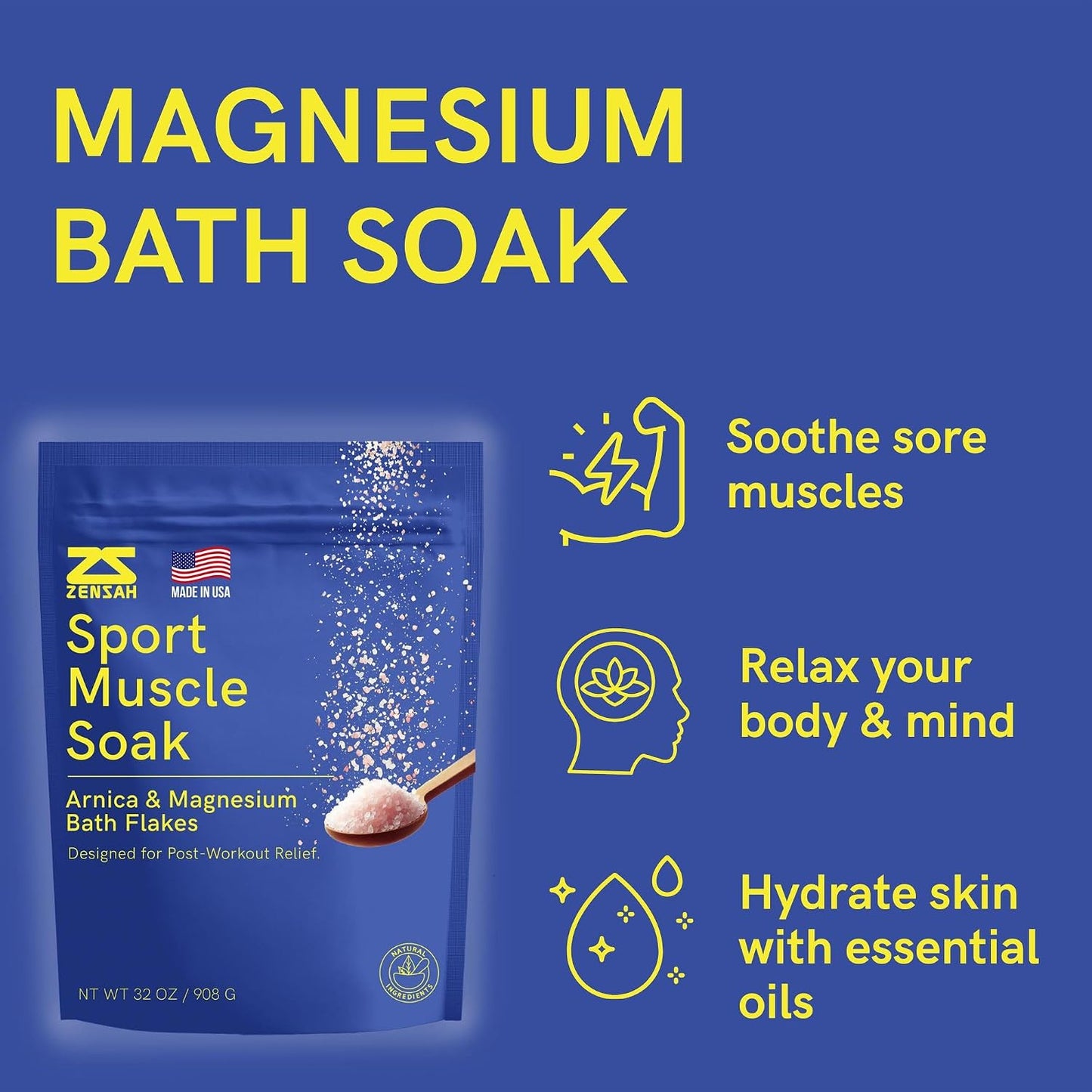 Zensah Muscle Recovery Bath Soak - Magnesium Epsom Salt with Arnica for Post Workout Soreness Relief, Soaking Essential Oils, Sports Gifts for Athletes, Men and Women (Peppermint, 32 oz)