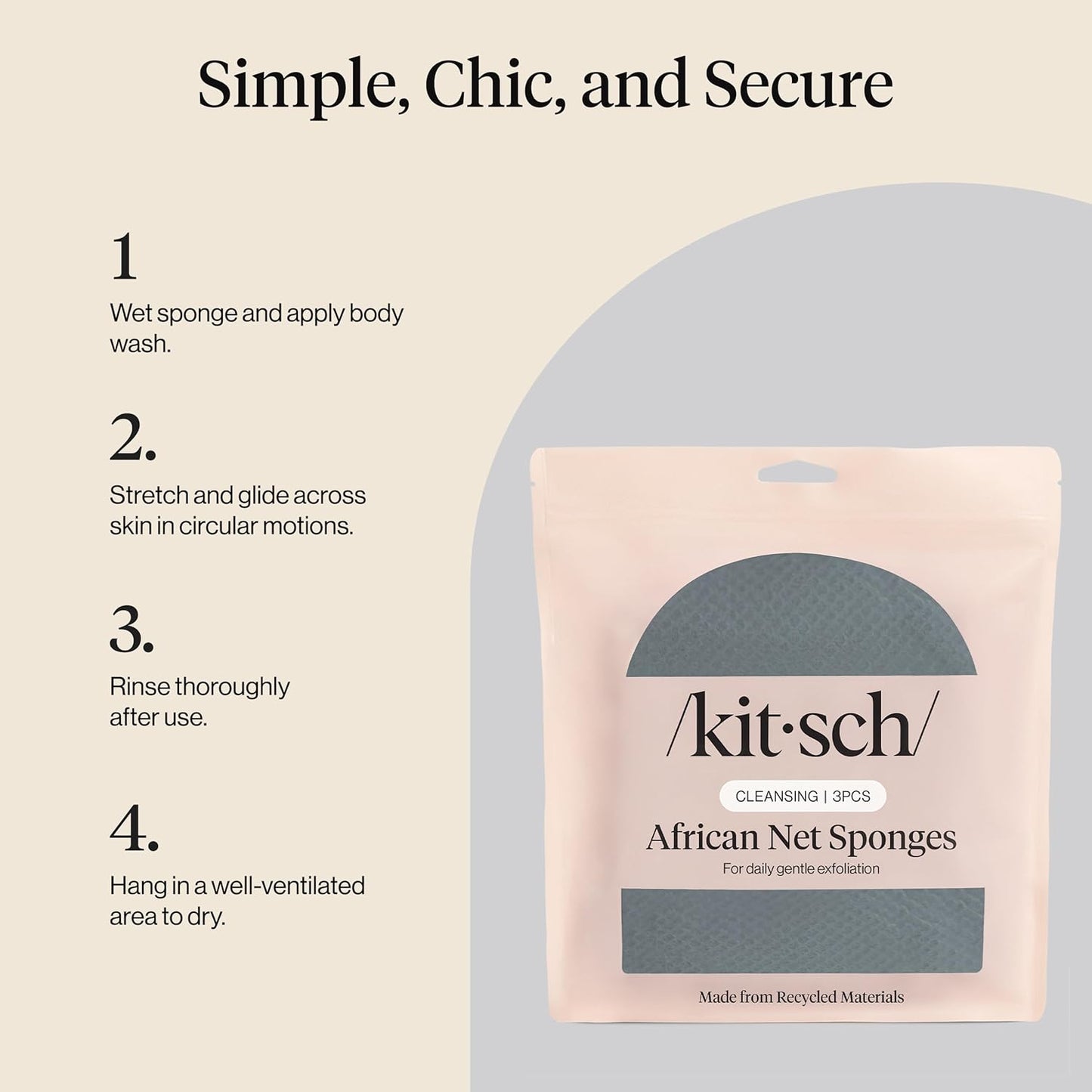 Kitsch African Net Sponge – Exfoliating Body Scrubber for Cleansing & Gentle Daily Exfoliation – Stretchable Bath Sponge for Hard-to-Reach Areas, Long-Lasting Shower Essential - Aqua Grey, 3 Pcs