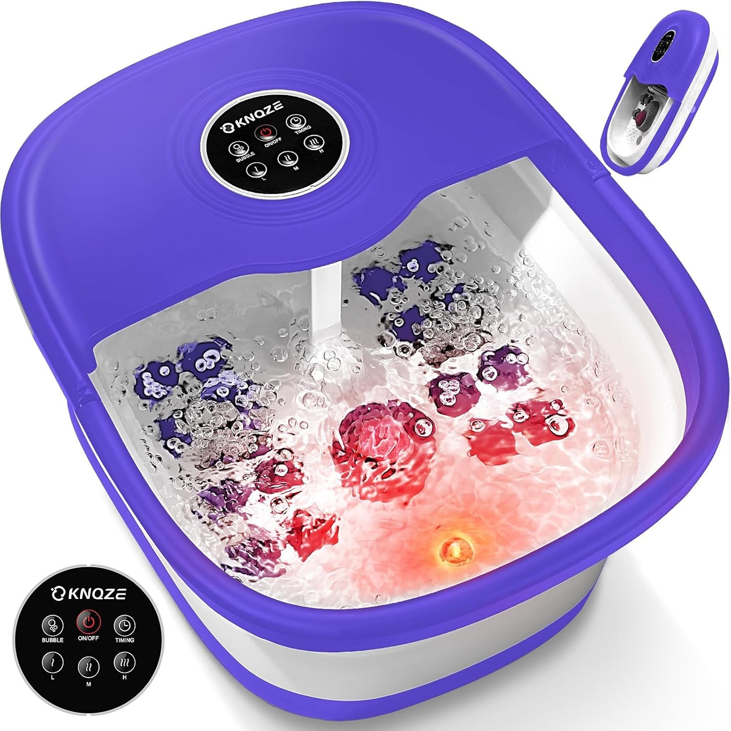 KNQZE Collapsible Foot Spa with Heat, Remote Control, Temperature Control, Bubbles, Pumice Stone, Red Light, Timer, 16 Massage Roller Pedicure Foot Bath Tub Foot Soaker for Feet Stress Relief, Purple