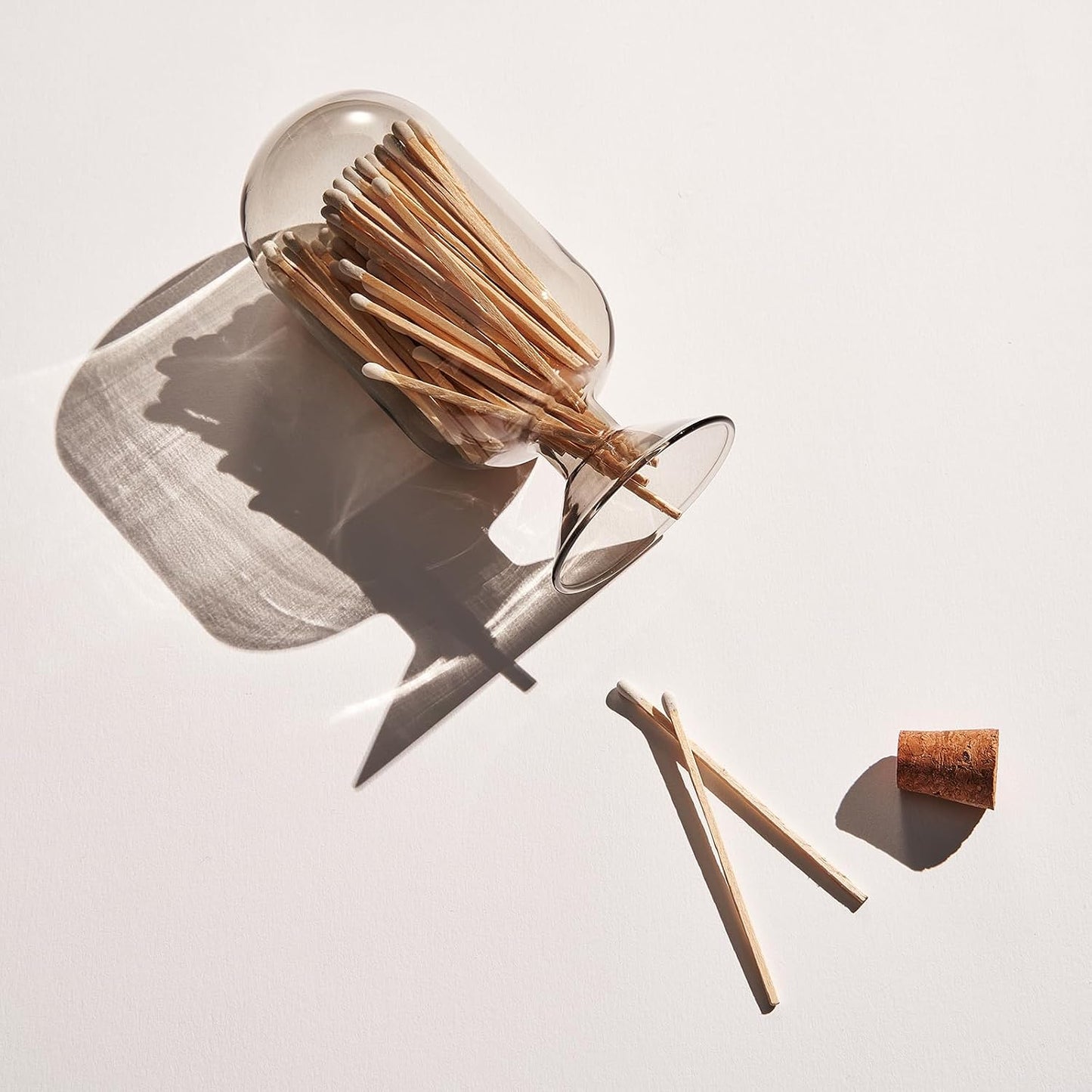 Glass Match Cloche with Striker - Smoke Grey with Cork Stopper - Includes 100 Match Sticks - Perfect for Fireplace, Home, Living Room, Office, Decor, Candle Matches, Gifts for Women Her - 6.7" H X 3"