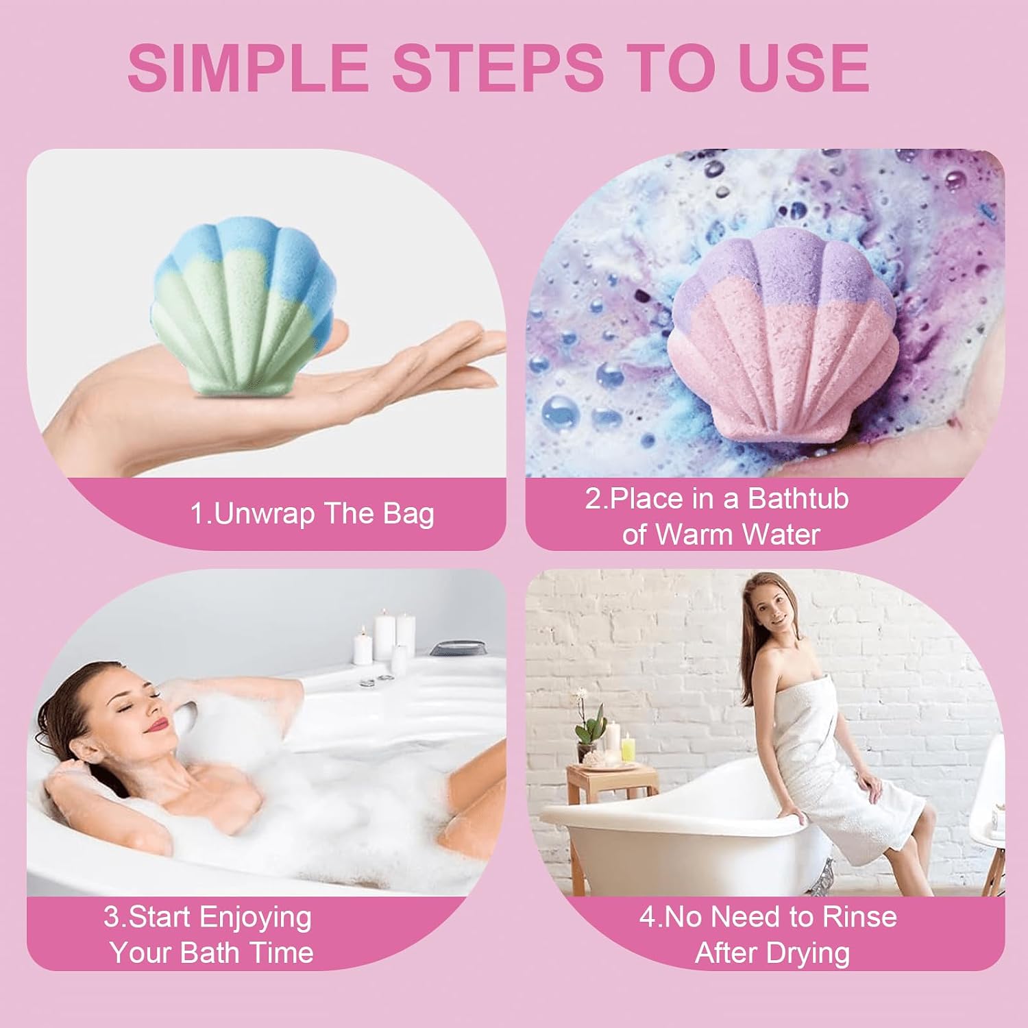 6-Pack Dual-Tone Seashell Bath Bombs for Women - Relaxing Scents Gift Set (Lavender, Rose, Orange Blossom) for Skin-Softening Aromatherapy Bath