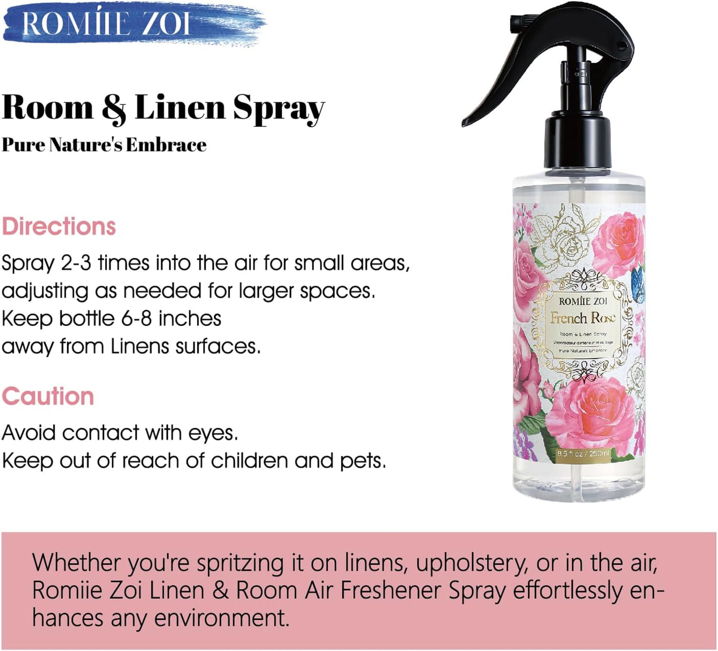 ROMIIE ZOI Linen & Room Air Freshener Spray Room Mist, with Natural Plant Extract, Rose Scent, 8.5 FL OZ.