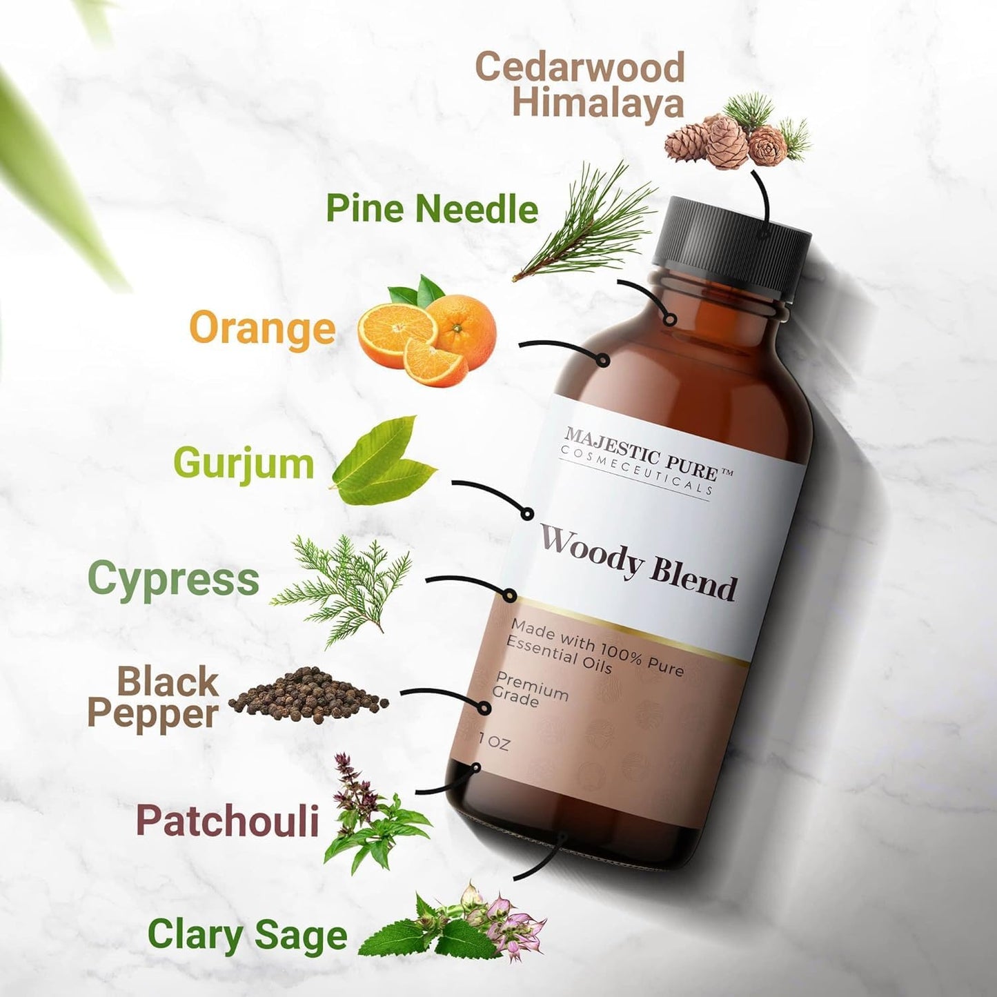 Majestic Pure Wood Essential Oil Blend | 100% Pure Premium Oil for Peace, Harmony | Pine Needle, Cypress, Orange, Himalaya Cedarwood Essential Oil for Diffusers & Aromatherapy | 1oz