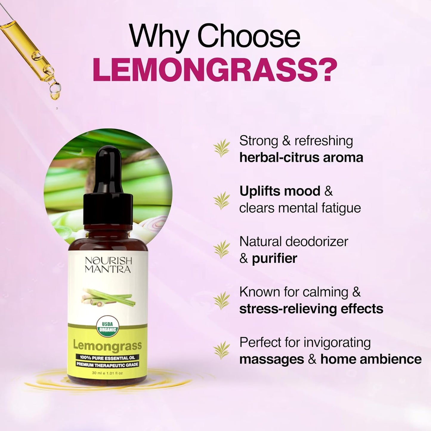 Nourish Mantra Organic Lemongrass Essential Oil for Massage, Aromatherapy & Skin | 100% Pure, USDA Certified Organic Lemongrass Essential Oil | Perfect for Diffuser, Home & Car