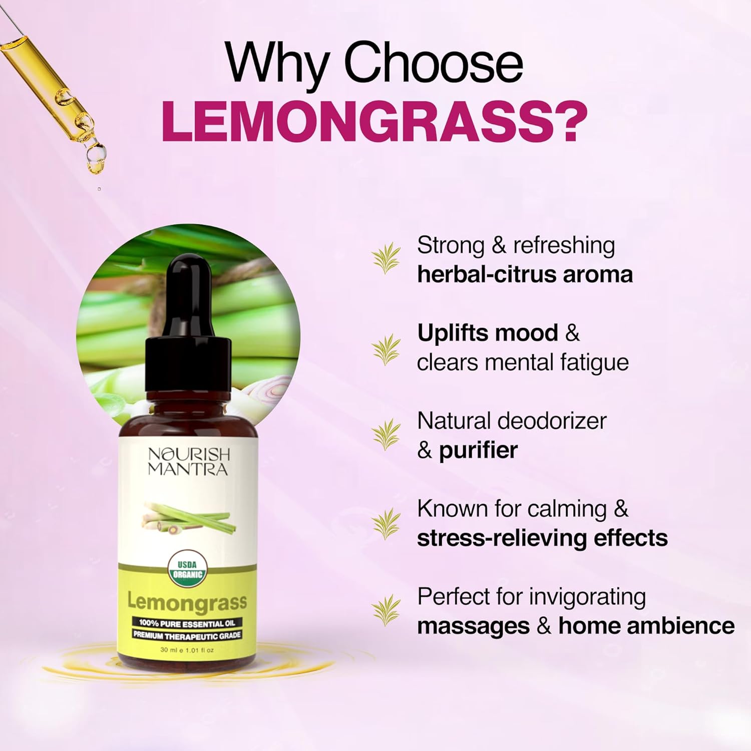 Nourish Mantra Organic Lemongrass Essential Oil for Massage, Aromatherapy & Skin | 100% Pure, USDA Certified Organic Lemongrass Essential Oil | Perfect for Diffuser, Home & Car