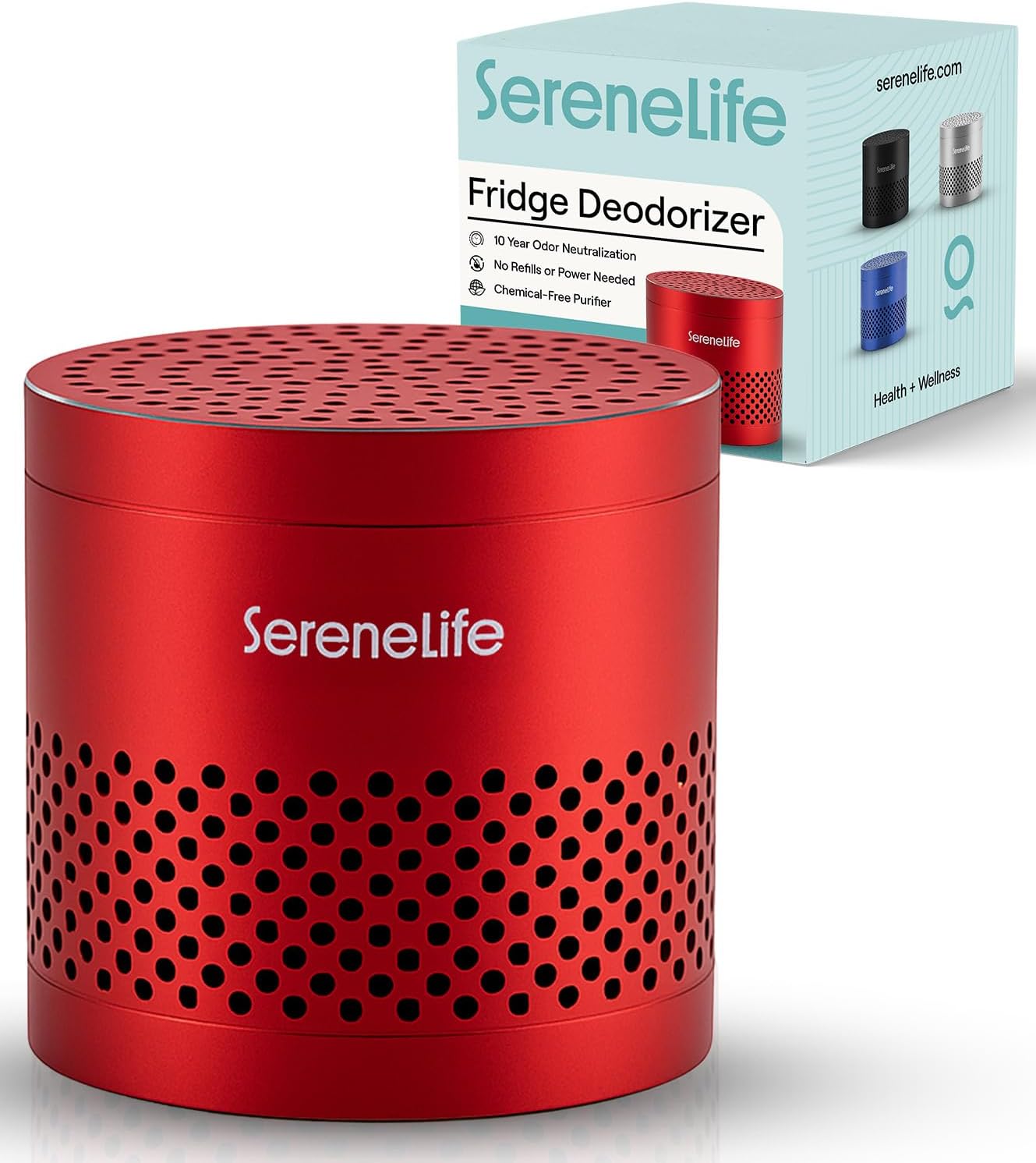 SereneLife Fridge Deodorizer & Odor Eliminator, Multi-Use Refrigerator Deodorizer Aluminum Pod for Freezer, Closet, Car, Shoes & Enclosed Spaces, Compact, Reusable & Lasts Up to 10 Years (Red)