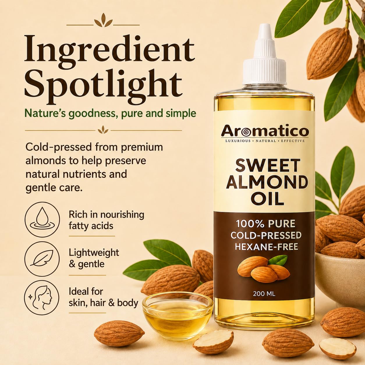 Aromatico Cold Pressed Sweet Almond Oil. Lightweight, Natural Moisturizing Oil for Hair, Skin & Body - 7 fl oz