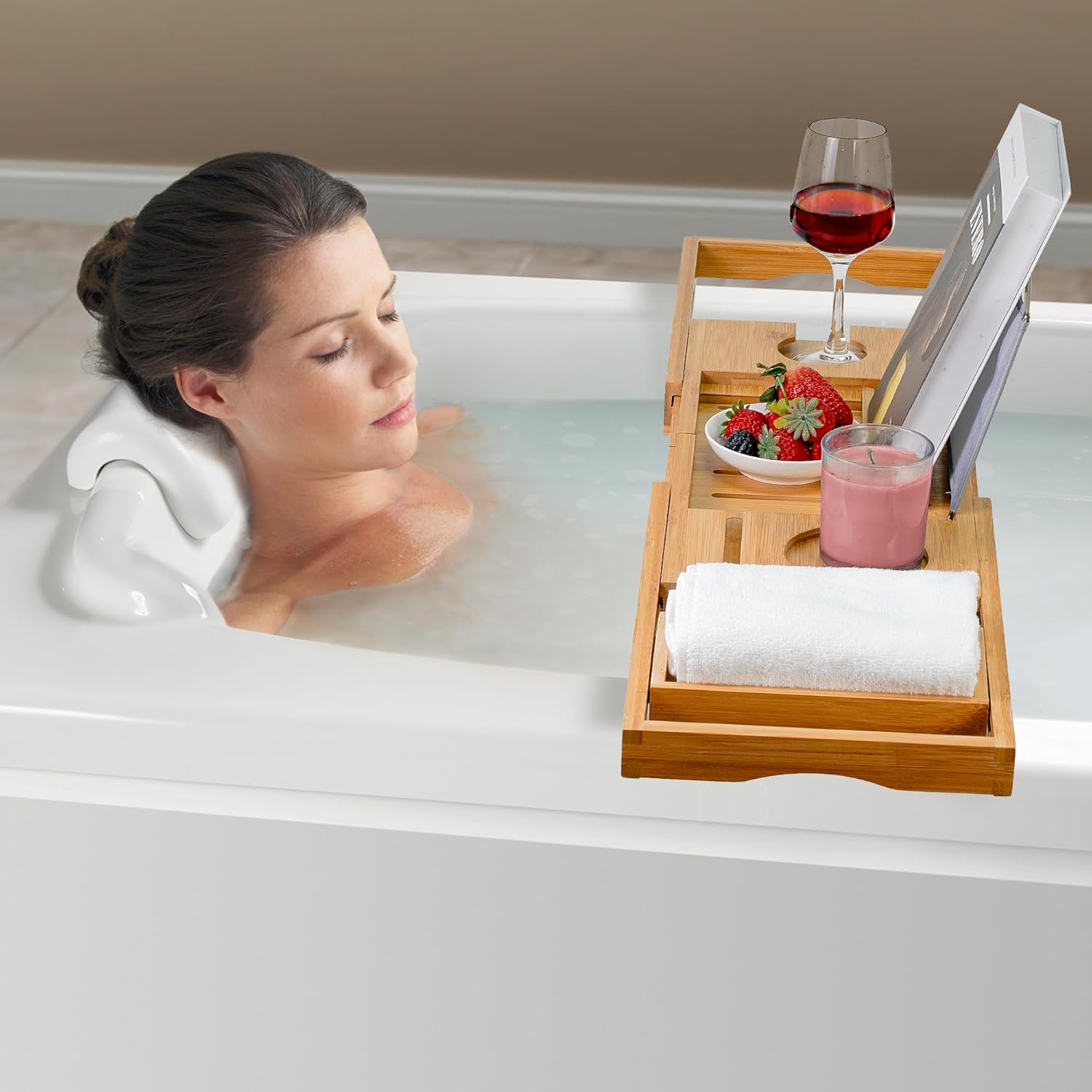 Utoplike Bamboo Bathtub Caddy Tray Bath Tray for Tub, Adjustable Bathroom Bathtub Organizer with Book Tablet Wine Glass Cup Towel Holder