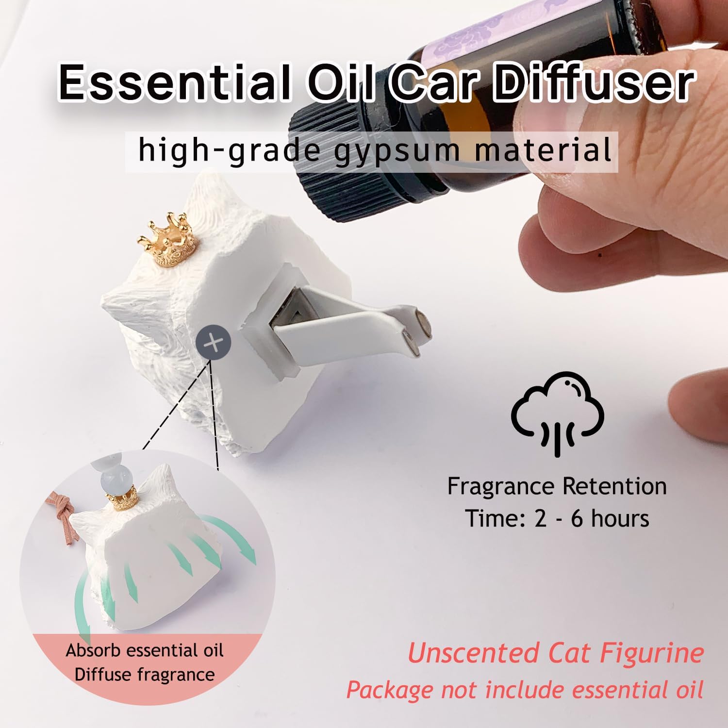 Car essential oil diffuser with vent clip cute kitty gypsum figurine car diffuser car decor air vent clips for women men (Sky blue eyes, one size)