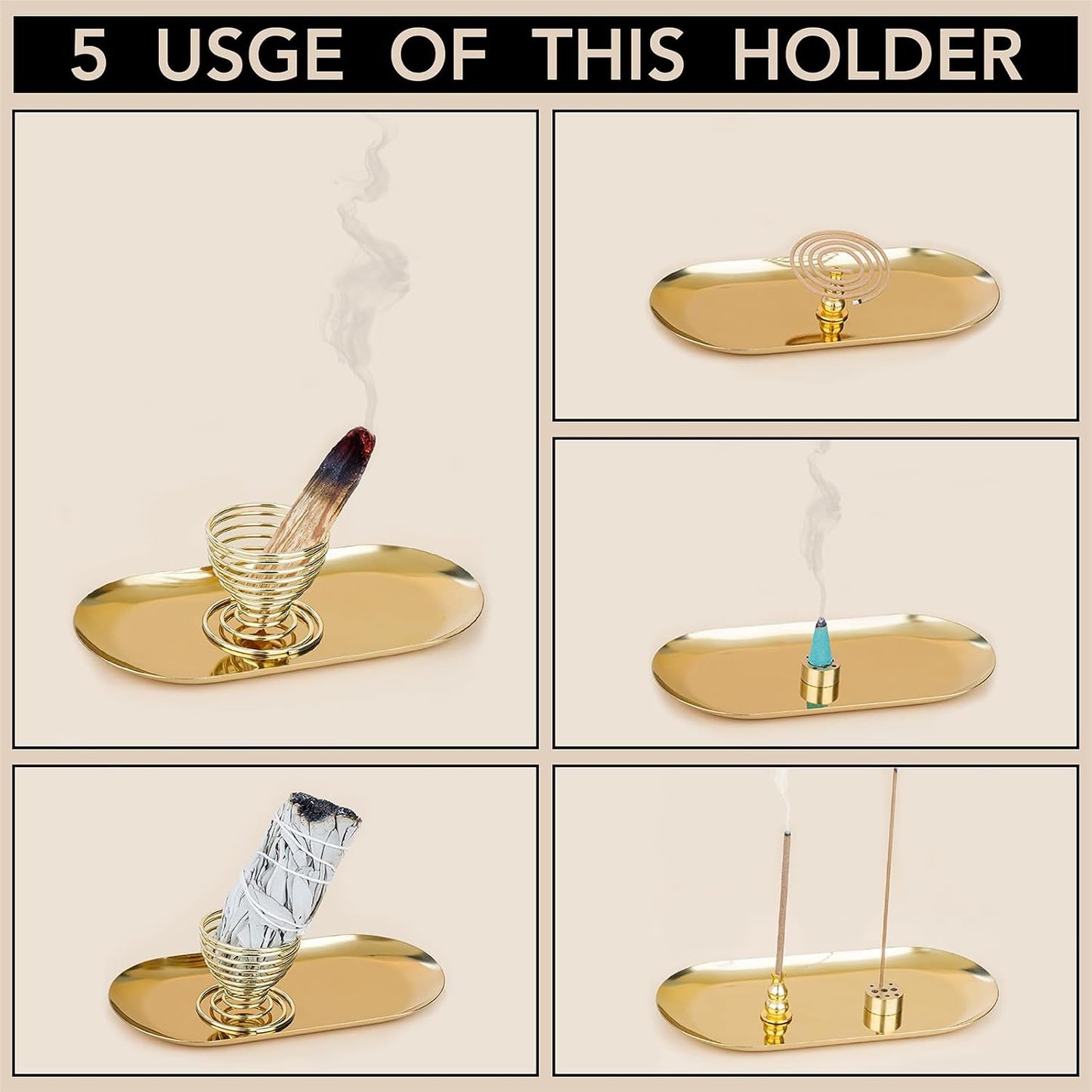 Palo Santo Holder and Sage Burner for Smudging, 5-in-1 Brass Incense Holder for Sticks Cones Coils, 6.9" Extended Ash Catcher Tray for Meditation Yoga, Gift for Spiritual Room Decor