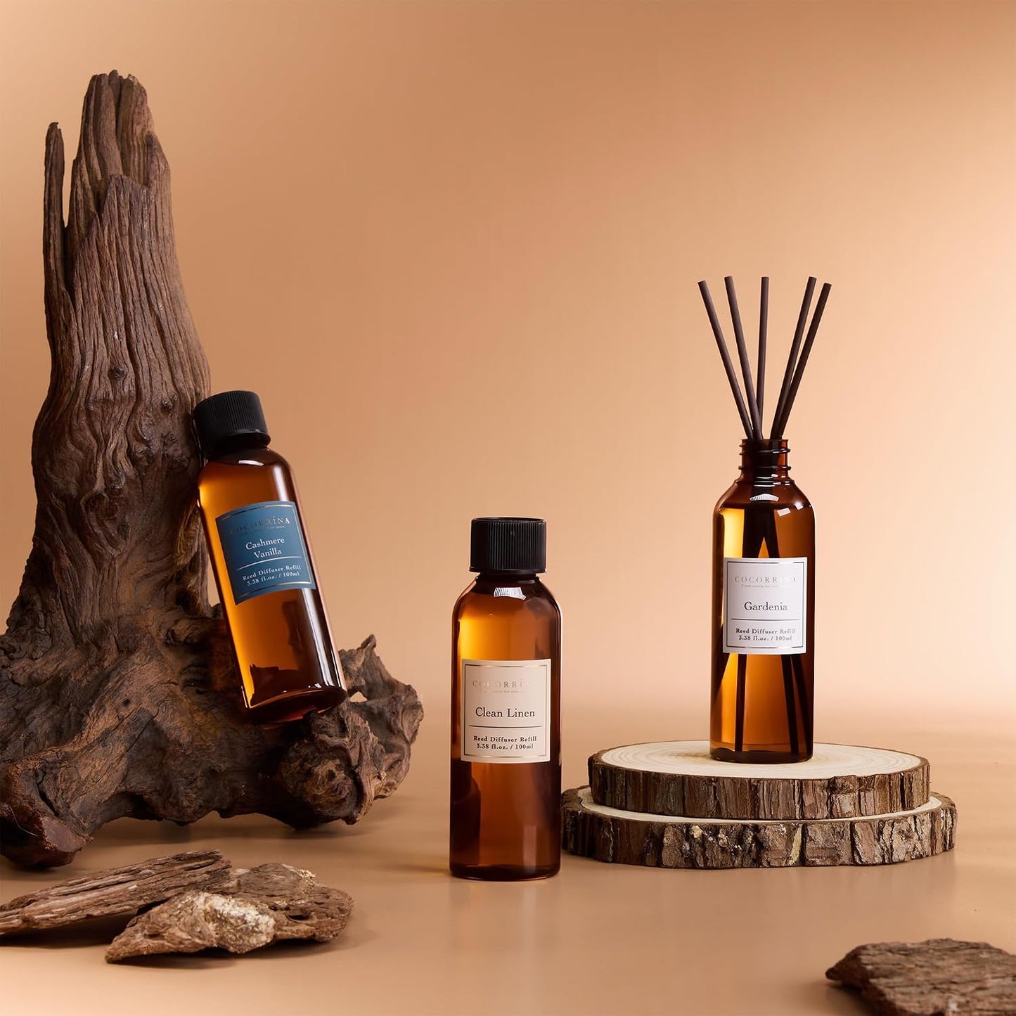 COCORRÍNA Reed Diffuser Refill Set, 10.2oz Scented Oil Refill 3 Pack, Clean Linen, Cashmere Vanilla, Gardenia, Long Lasting Oil Diffuser Refill with 18 Sticks for Bathroom & Bedroom