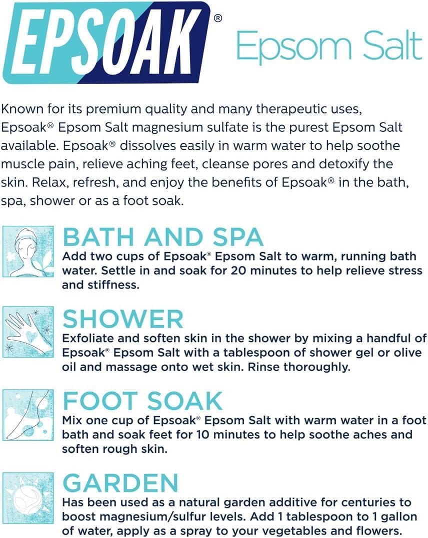 Epsoak Epsom Salt 5 lb. Magnesium Sulfate USP. Resealable Epsom Salt Bag Unscented, Made in The USA, Cruelty-Free Certified