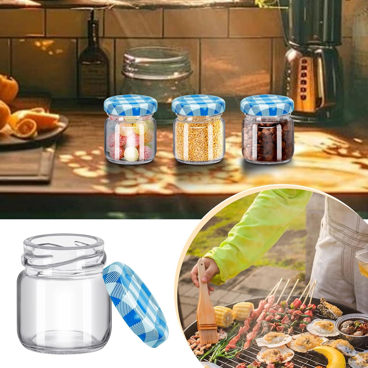 20Pack 1.5 oz Round Mini Clear Honey Jars for Wedding Favor, Baby Shower,45ml Small Glass Favor with Airtight Lids, Gift Jars, Sample Body Butter, Jam, Spices, Herbs, Candy, Candle (Blue grid lid)