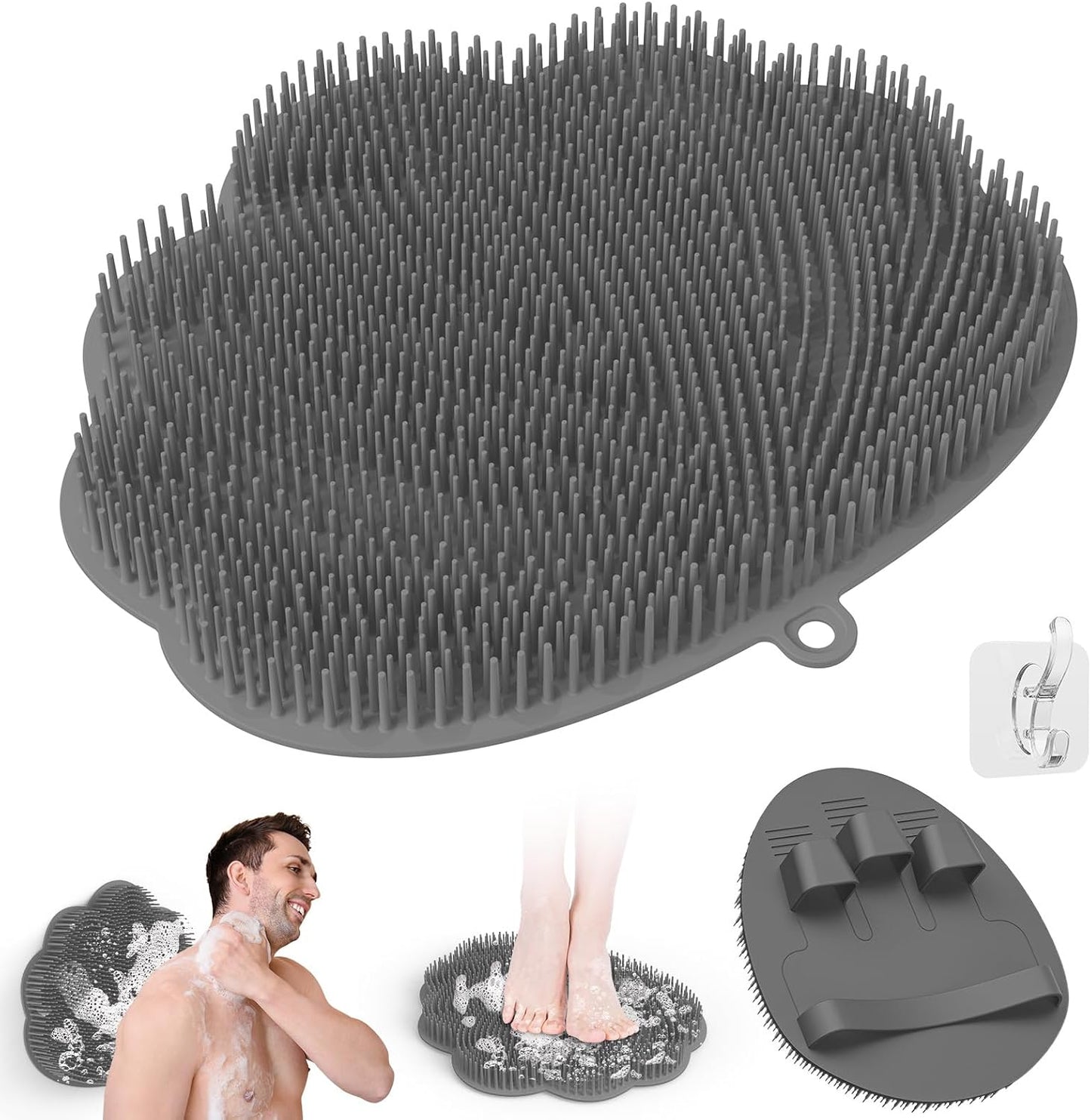 Manmihealth Upgrade Shower Foot Massager Scrubber & Bath Glove Set(2 PCS), Hands-Free Back Scrubber for Shower, Wall-Mounted Shower Brush with Body & Face Scrubber and Free Adhesive Hook. (Gray)
