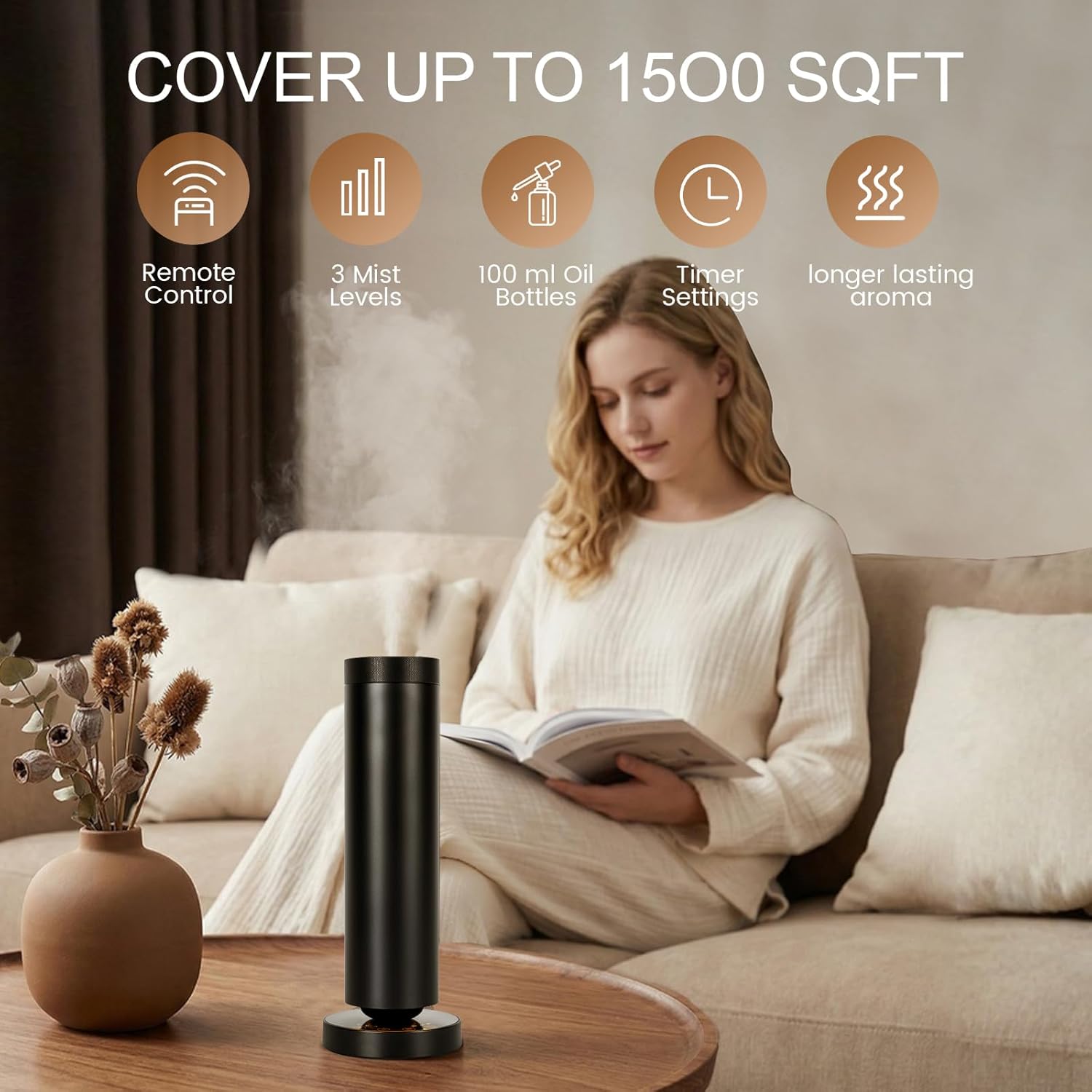 Cold Air Waterless Diffuser, Hotel Collection Diffuser, Waterless Essential Oil Diffuser for Homes, Offices, Covers 1000 Sq Ft, Remote Control (Fragrance Not Included)