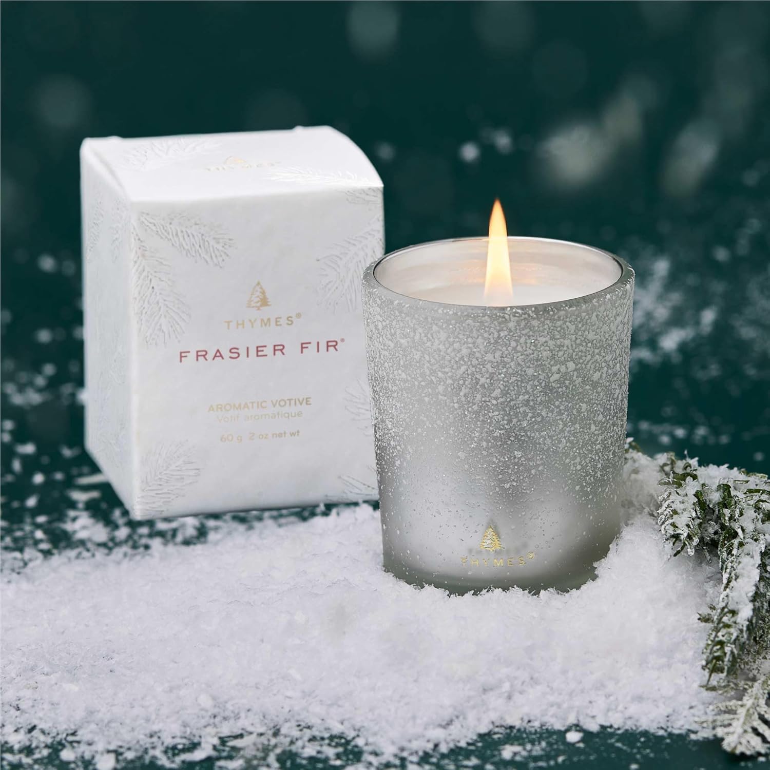 Thymes Frasier Fir Flocked Jar Candles – Holiday Scented Candles for Home with Notes of Crisp Siberian Fir, Cedarwood & Sandalwood – Luxury Home Decor Gifts for Women & Men (Votive, 2 oz)