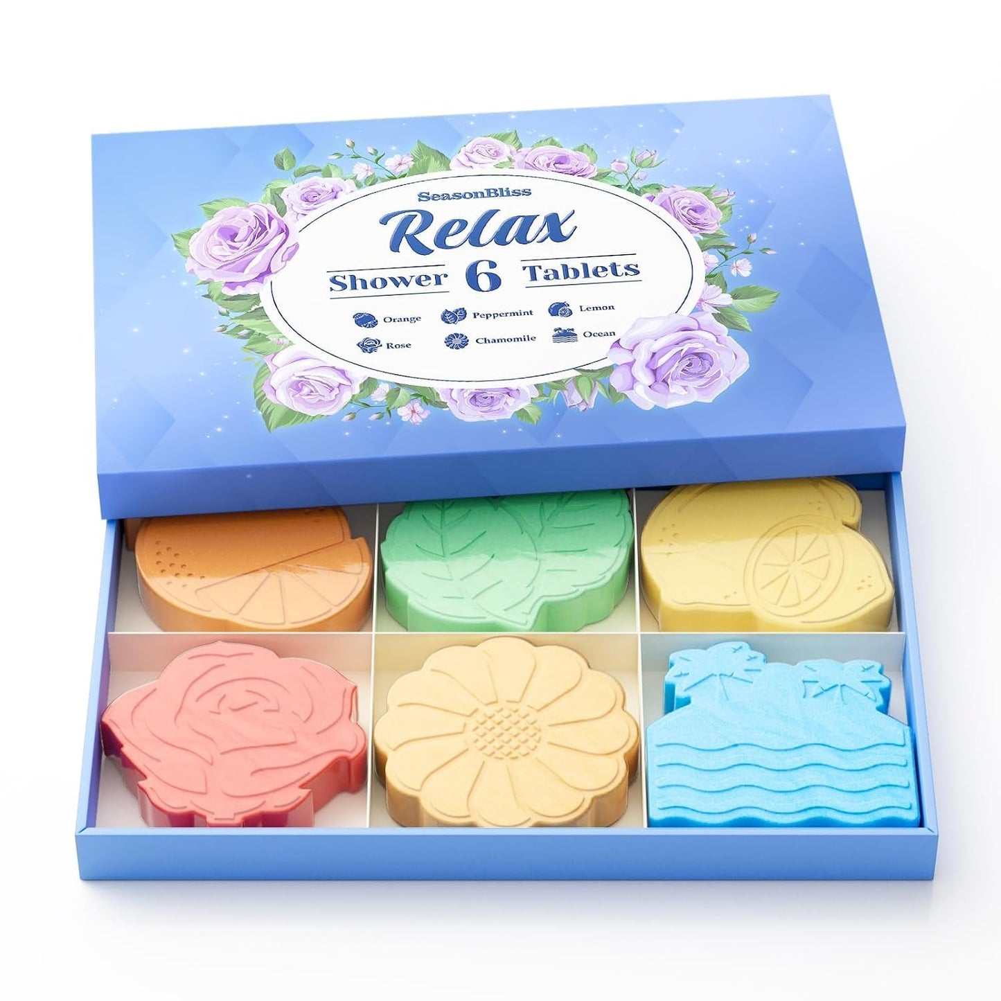 SeasonBliss Shower Steamers 6 Pack Shower Bombs with Unique Shapes & Scents, Orange Peppermint Lemon Rose Chamomile Sea for Birthday, Mother's Day, Valentine's Day Present Giving, Presents for Women