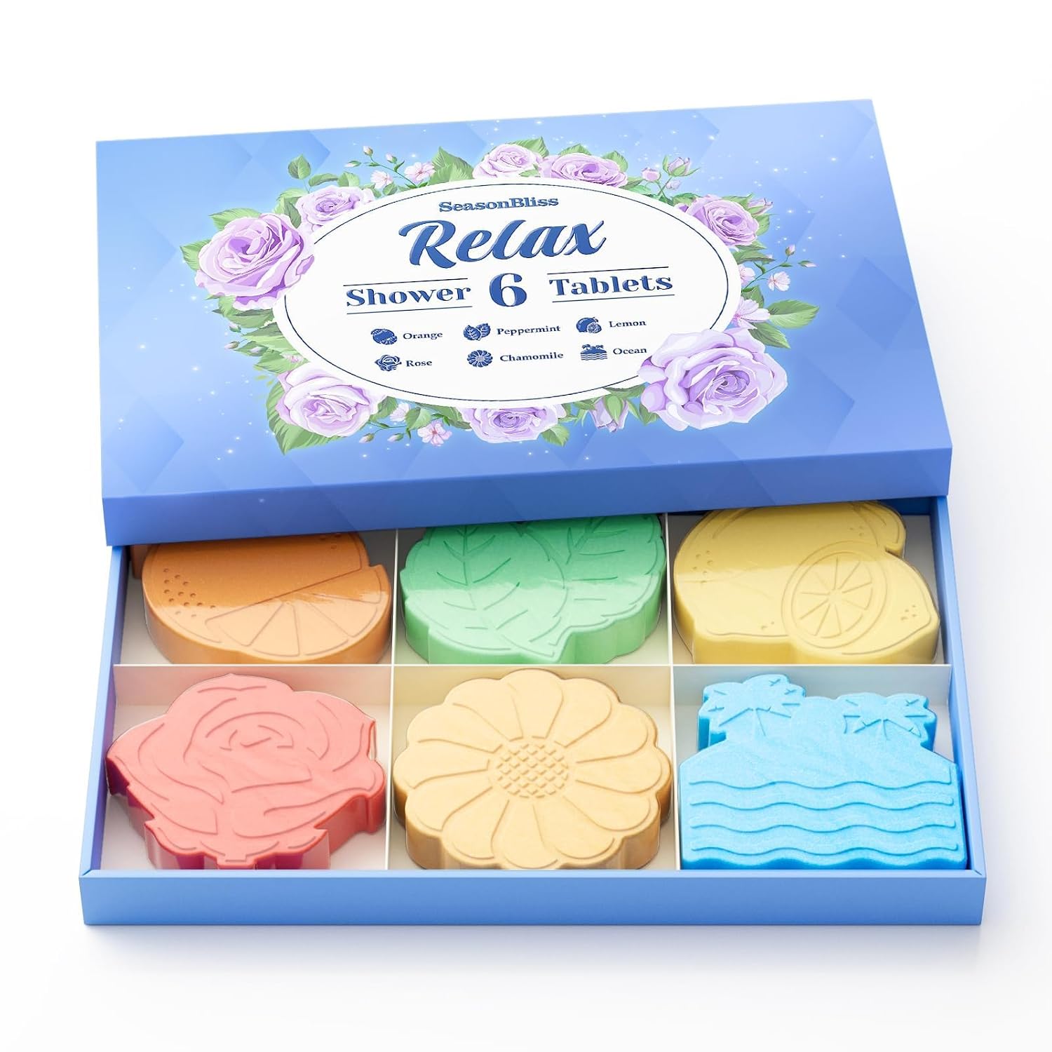 SeasonBliss Shower Steamers 6 Pack Shower Bombs with Unique Shapes & Scents, Orange Peppermint Lemon Rose Chamomile Sea for Birthday, Mother's Day, Valentine's Day Present Giving, Presents for Women