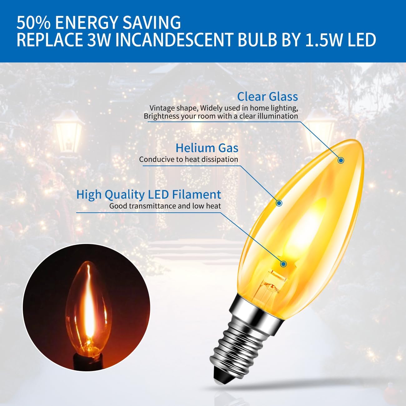 ANWIO Flicker Flame Light Bulbs 1.5W=3W, NonDimmable Flame Tip 1800K Warm Light Orange Glow Bulbs Crystal Clear Candle Bulb for E12 Chandelier Base (Clear, c35e12(2pack))