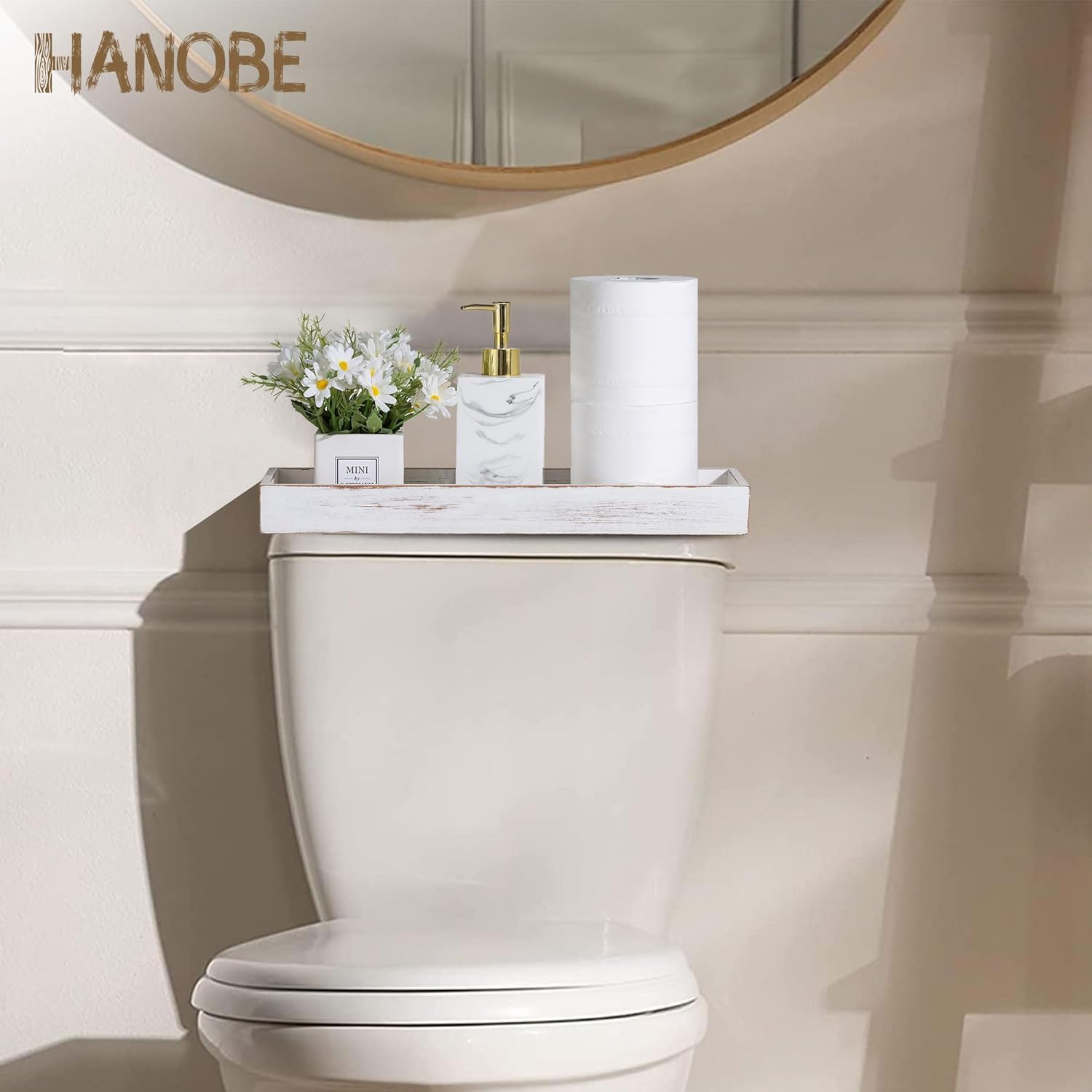 Hanobe Decorative Wooden ServingTray: Rustic Long Narrow Centerpiece Farmhouse Wood Candle Holder Trays with Cutout Handles Rectangular Coffee Table Tray for Living Room Kitchen Home Decor, White