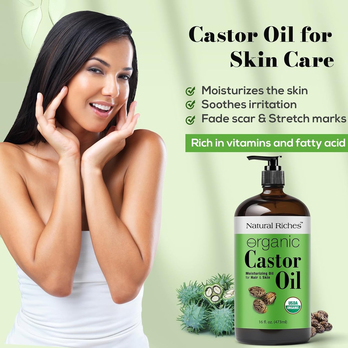 Natural Riches Organic Castor Oil Glass Bottle - USDA Certified, 100% Pure, Unrefined & Cold Pressed – Soothes Dry Skin, Scalp - For Hair Growth & Thicker Eyelashes, Eyebrows – 16 fl oz